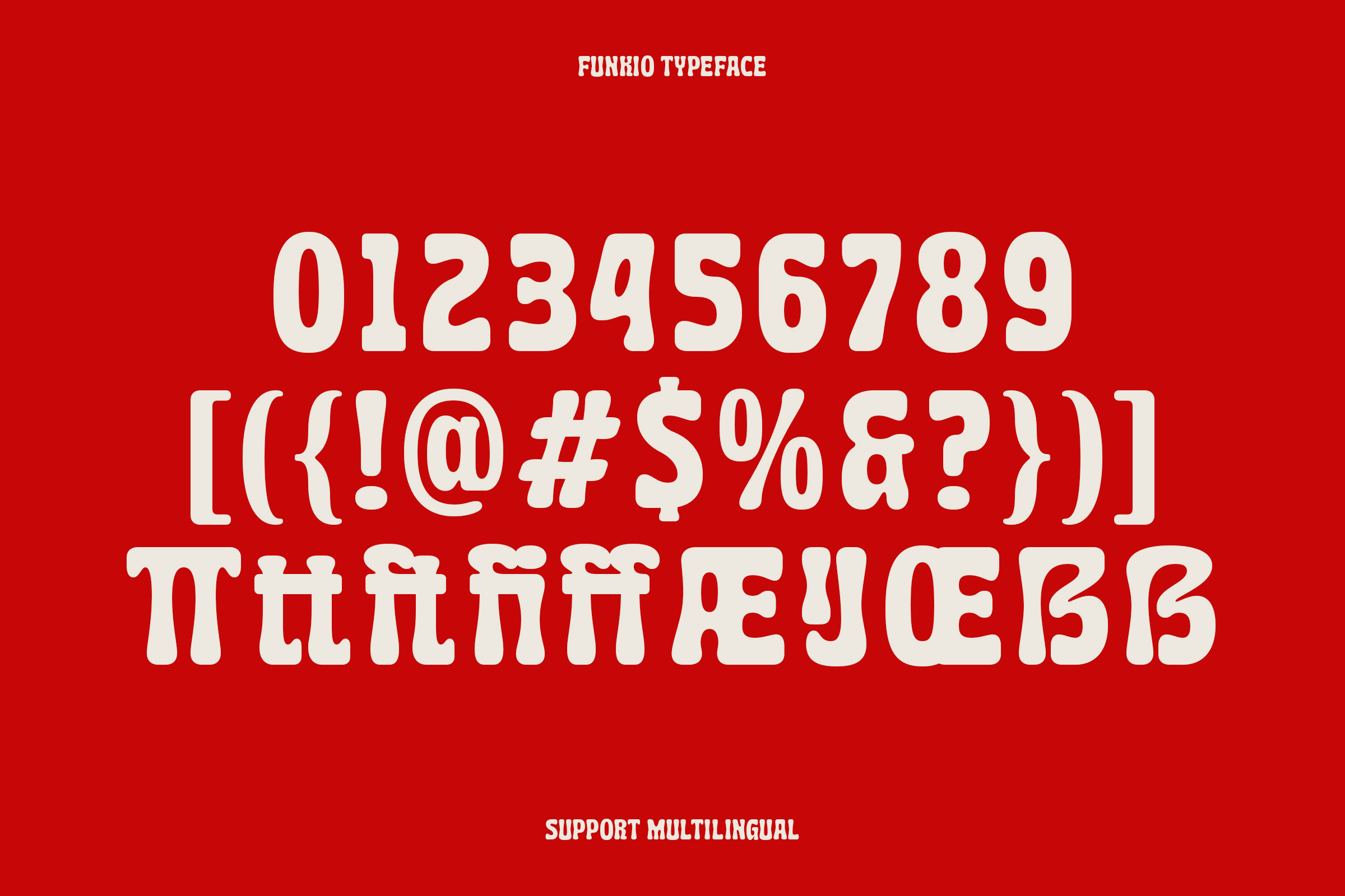 Funkio typeface specimen sheet showing numbers, symbols, multilingual support