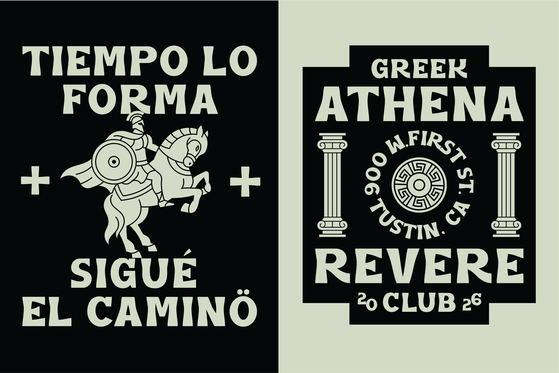 Greek Athena revere club emblem with columns, Tiempo Lo Forma warrior on horseback