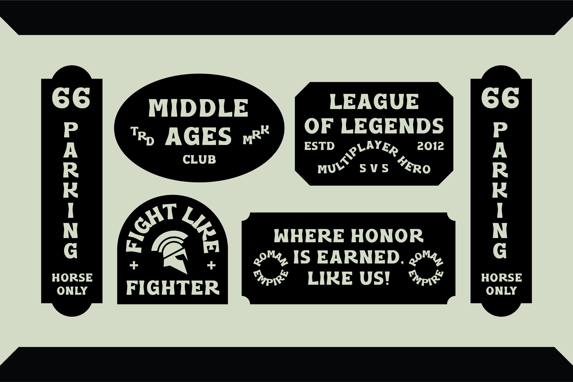 Gaming club badges with League of Legends, Middle Ages, Fight Like Fighter logos