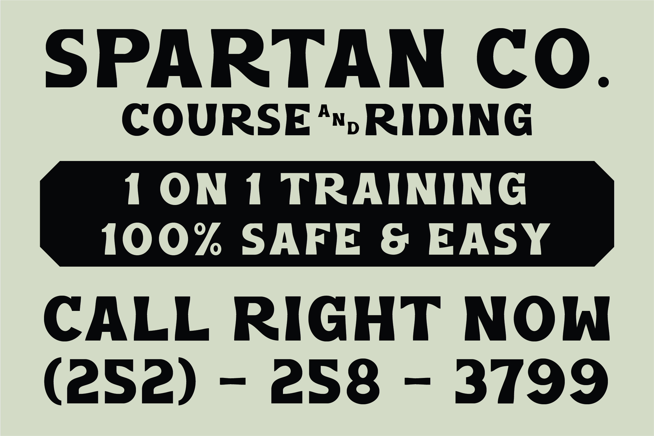 Bold vintage poster for Spartan Co. horse riding courses with call-to-action copy on sage background