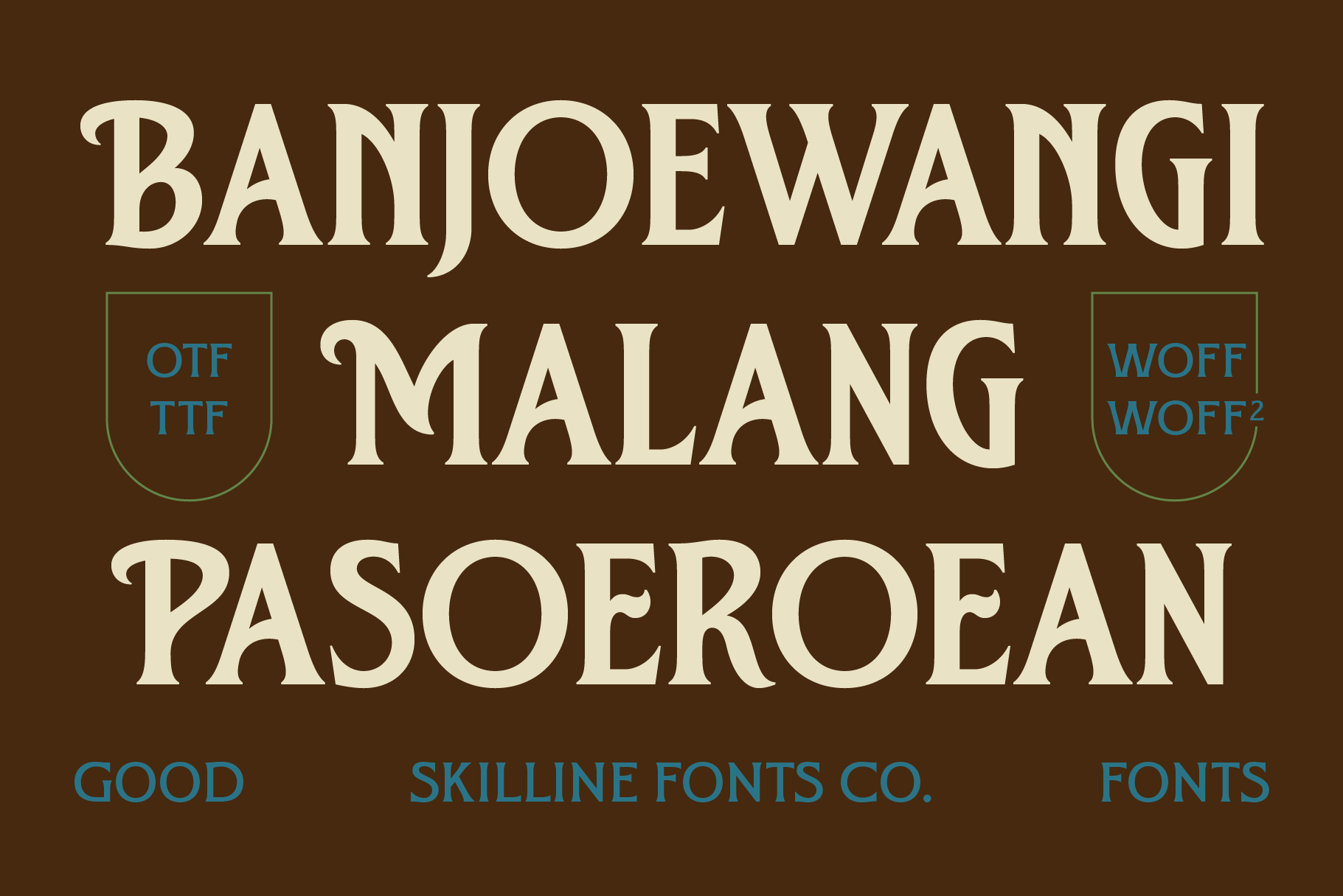 Banjoewangi Malang Pasoeraean serif font with file format icons