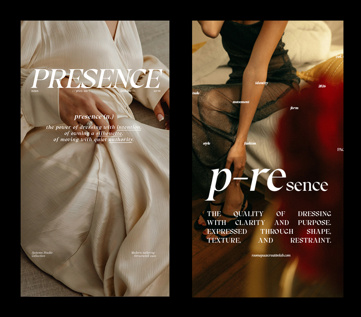 Minimal fashion poster mockups with serif typography over luxury fabric textures, neutral tones