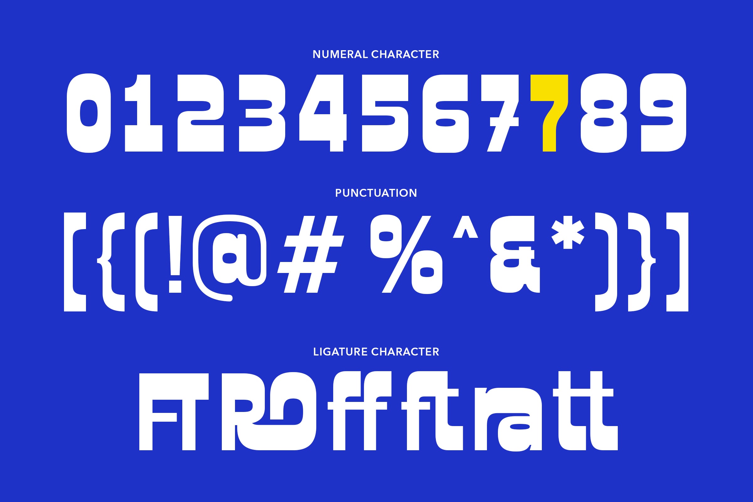 Bold font numerals, punctuation marks, ligatures on blue background