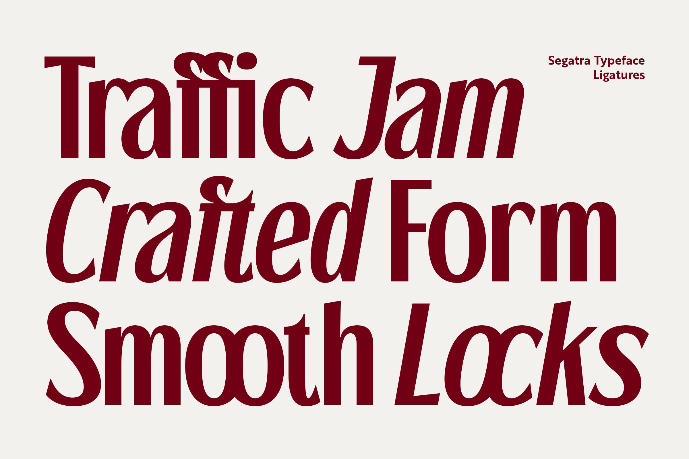 Segatra serif typeface showing ligatures in deep maroon on light cream background