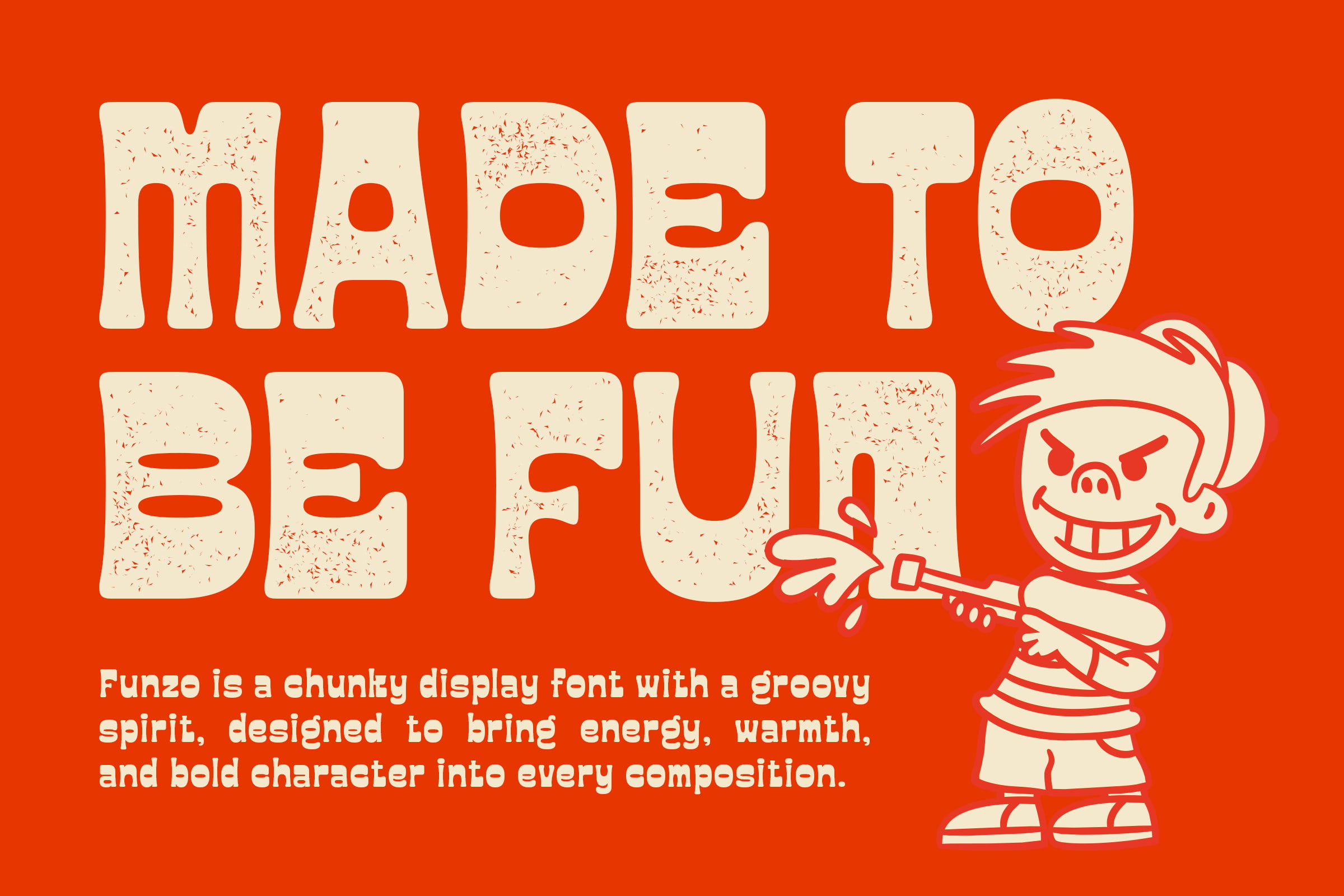 Chunky speckled display font with smiling cartoon character made to be fun