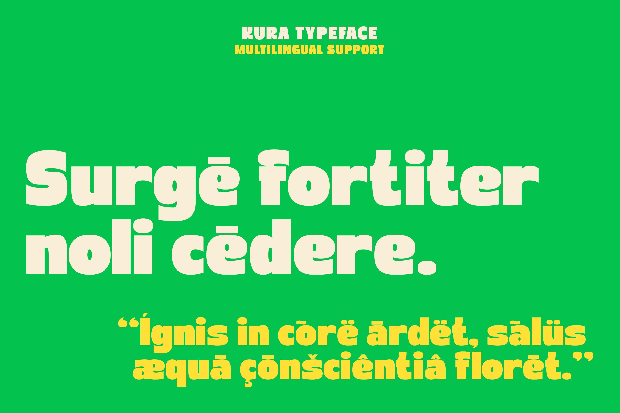 Kura Typeface with multilingual text sample in cream on bright green background