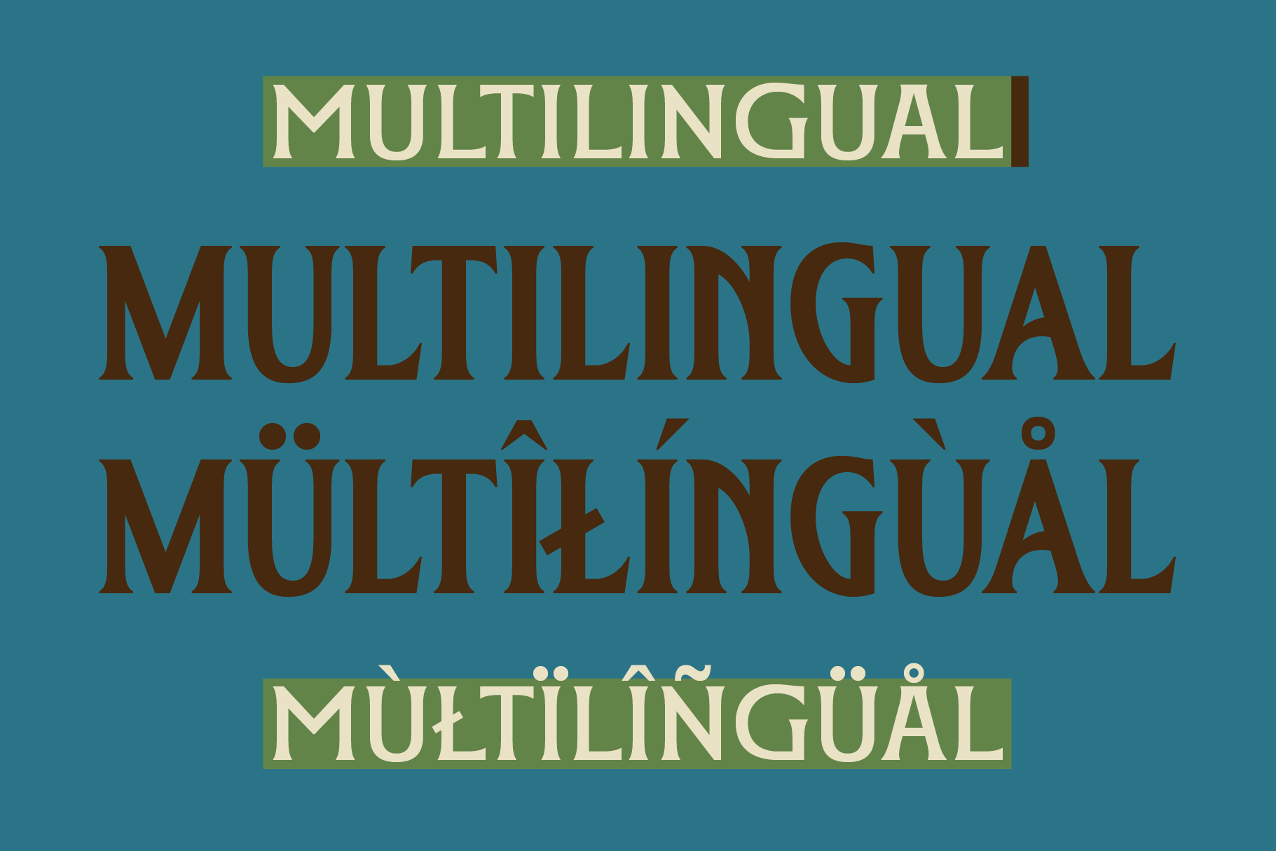 Multilingual text display in brown serif font with accent marks