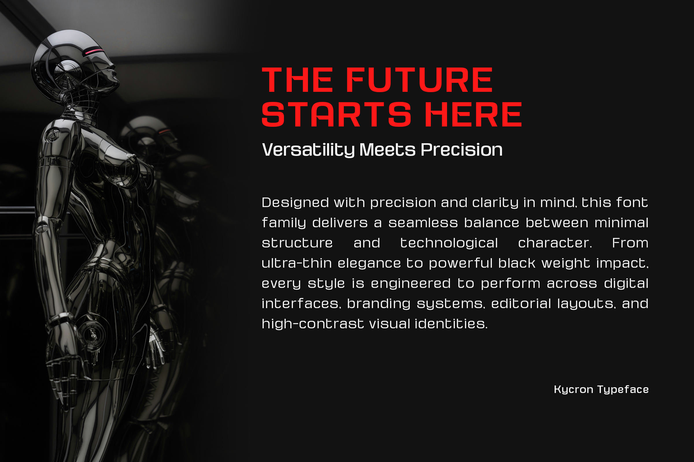 Sleek chrome robot figure next to bold red text saying The Future Starts Here