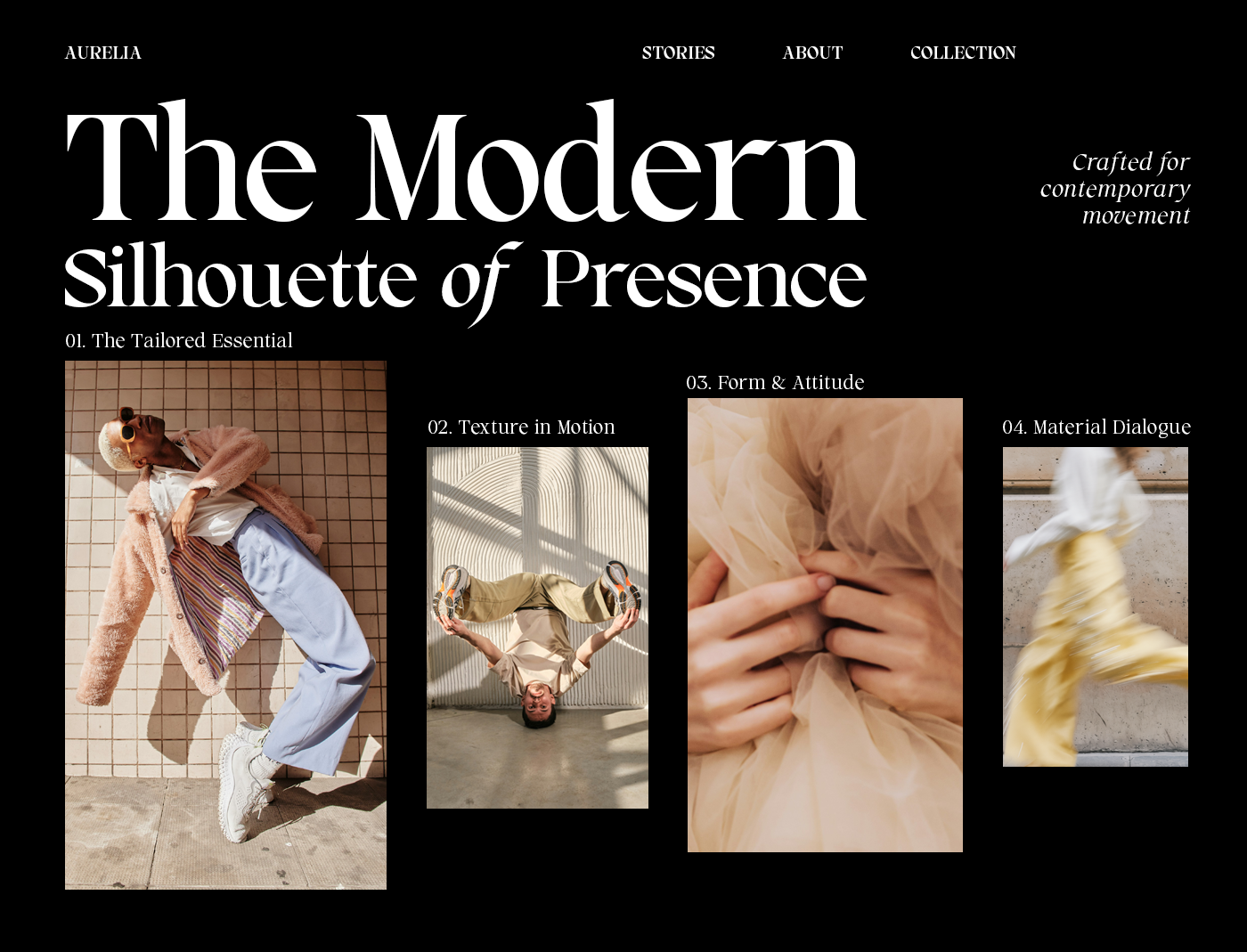 Luxury fashion website homepage with four lifestyle photos showcasing modern minimalist styling, natural light, movement