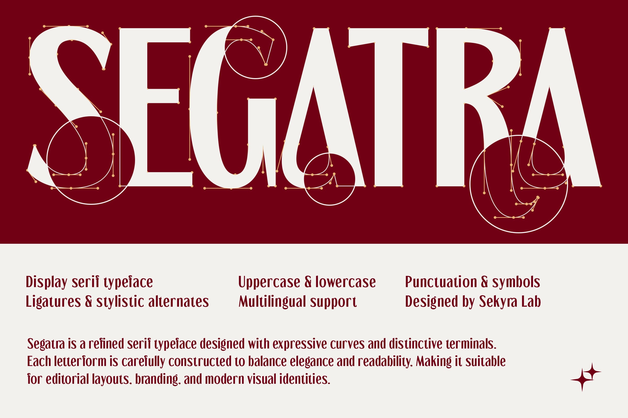 Segatra display serif font with geometric construction circles on burgundy background