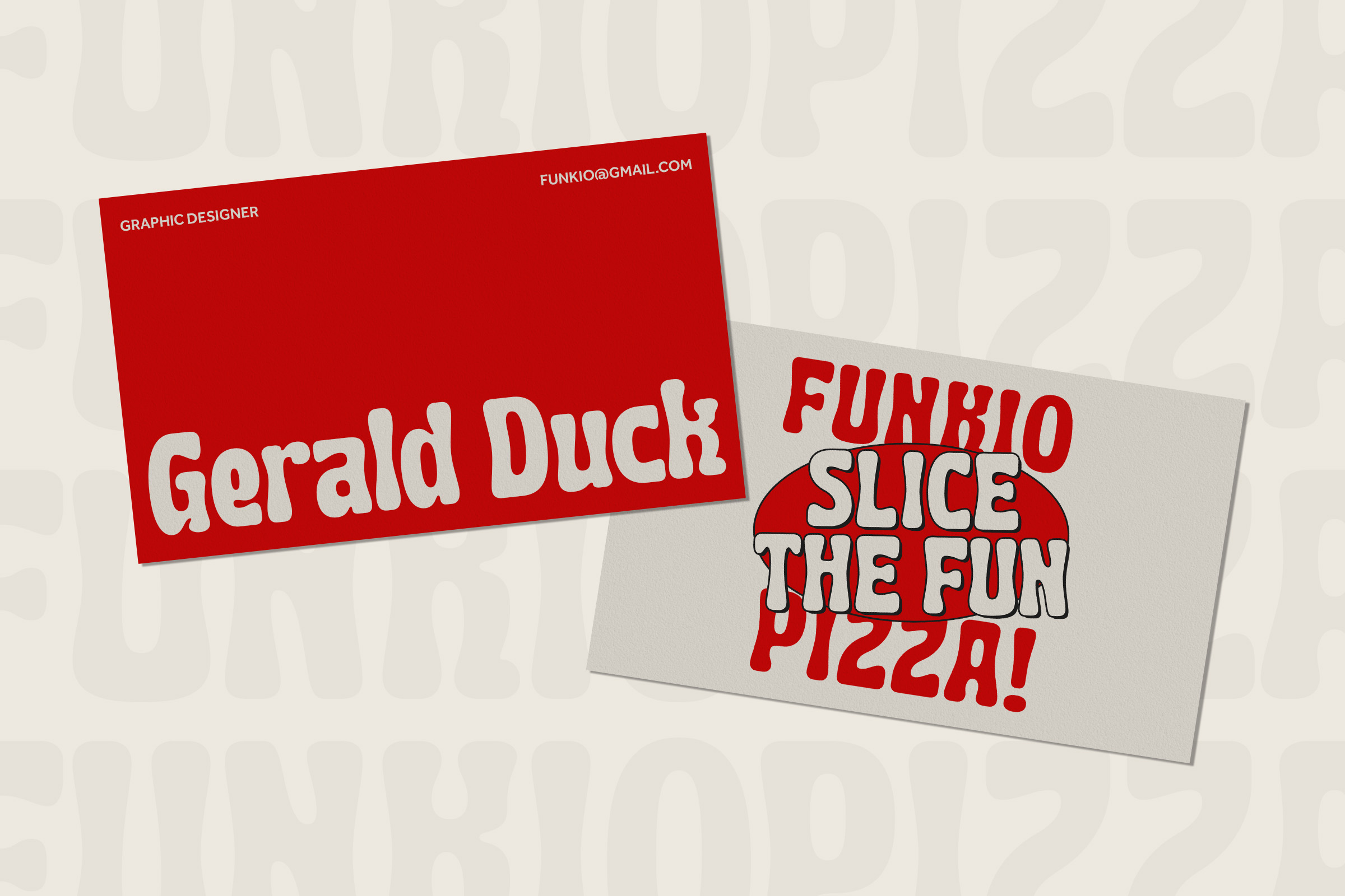 Red business card designs with Funkio branding, pizza theme mockup layout