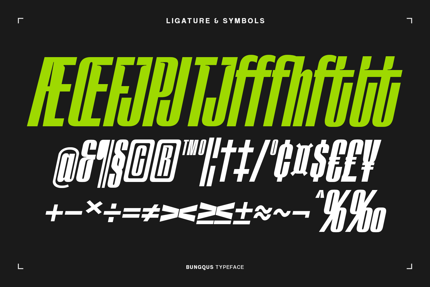 Lime green italic uppercase with white italic symbols showing font ligatures on dark background