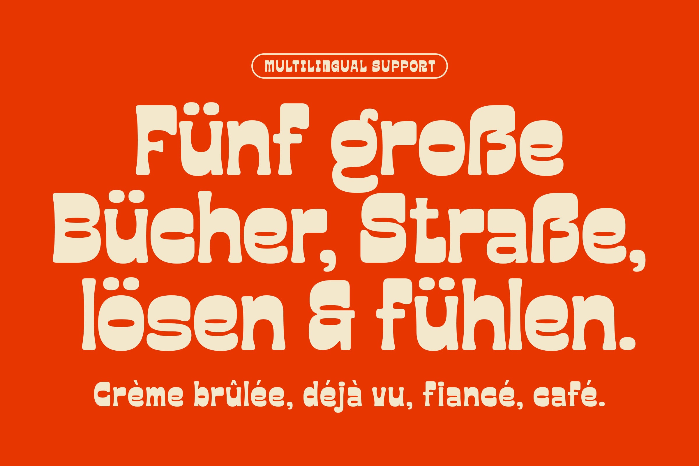 Bold sans serif display font with multilingual support on bright red background