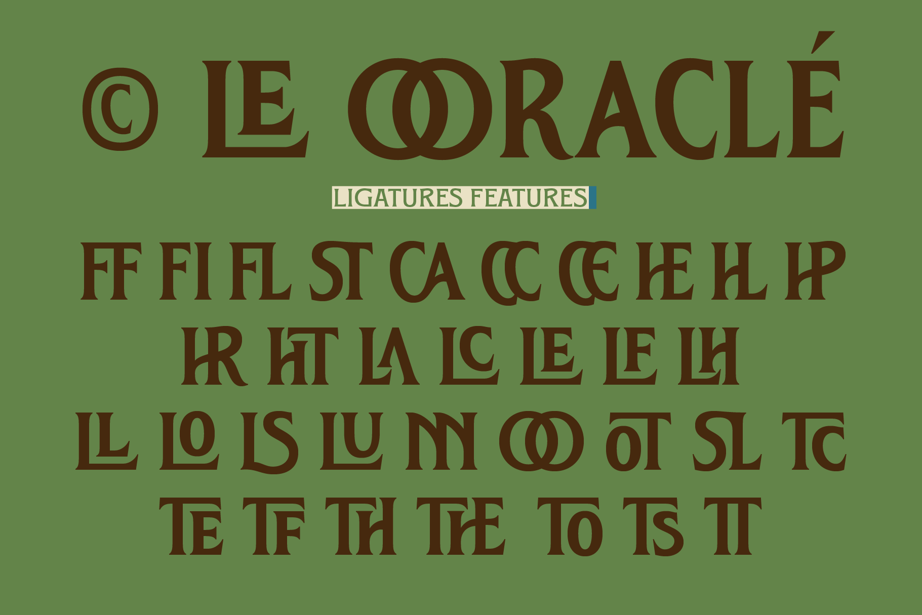Le Ooracle serif font sample with ligature feature showcase on green