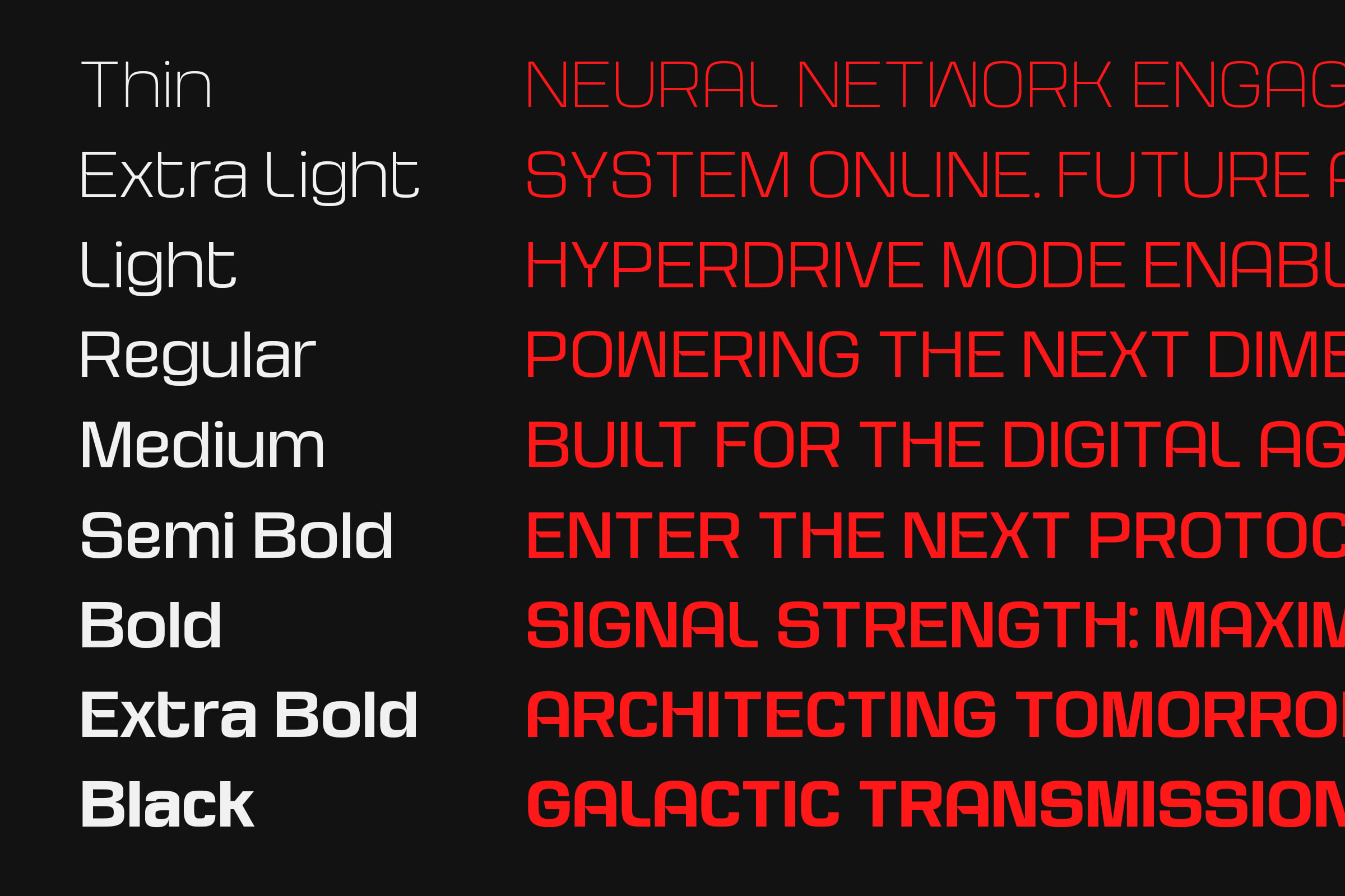Font weight samples from thin to black showing weights with tech copy in red