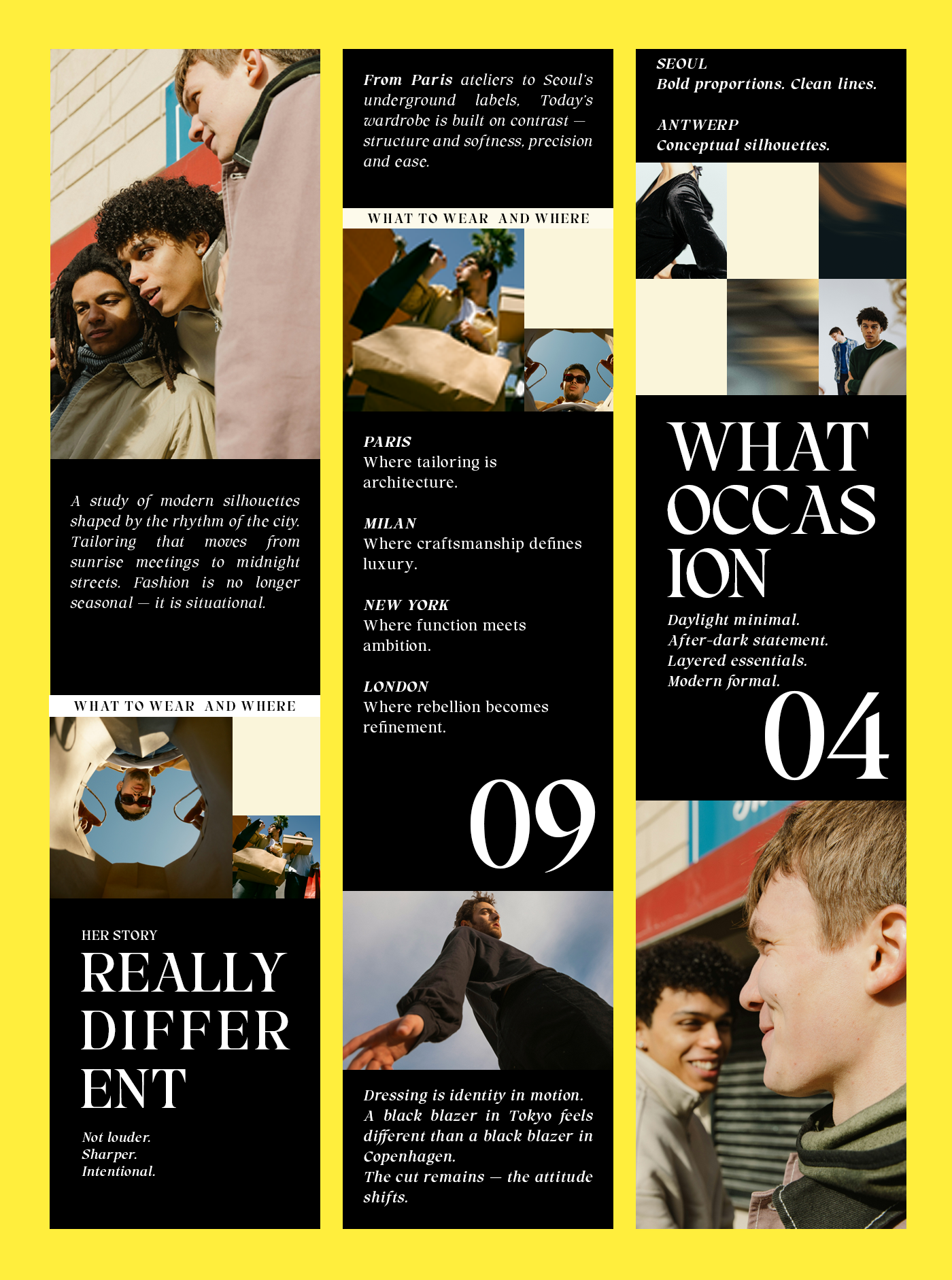 Fashion editorial layout mockup with bright yellow background, three columns showing lifestyle photography, text overlays, numbered sections 09 and 04