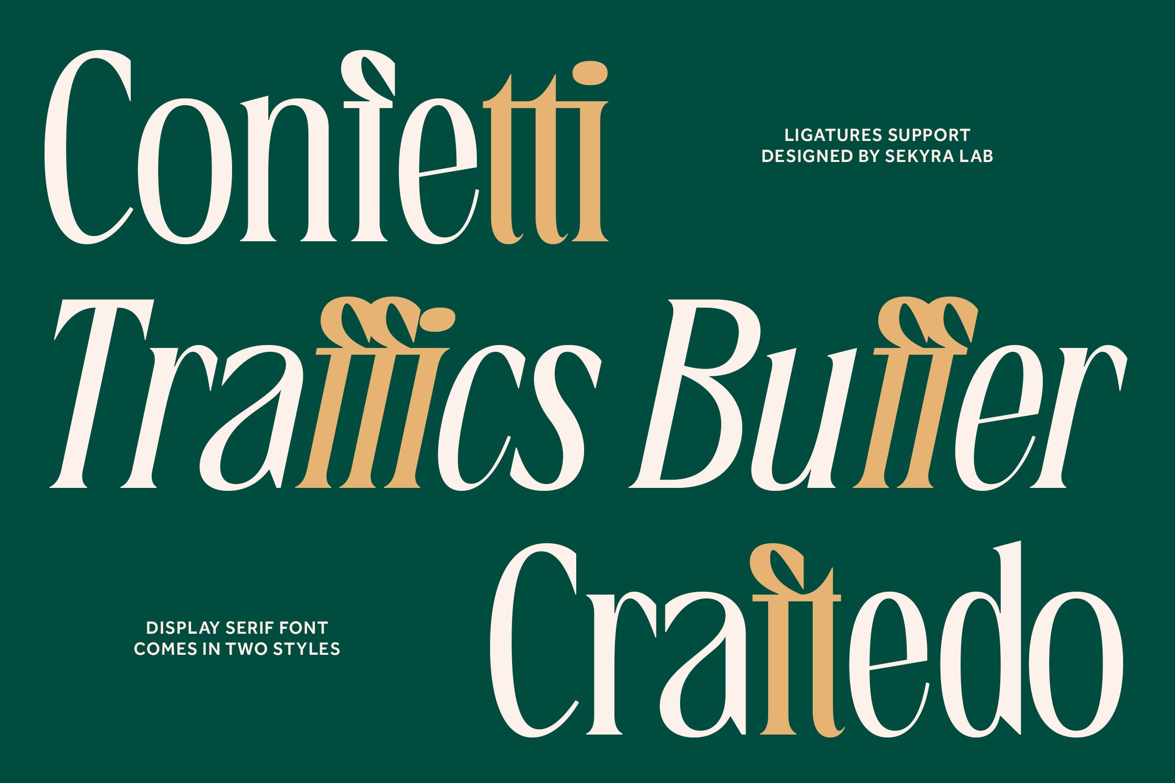 Confetti Traittics Butter Craffedo font display on teal with gold accents