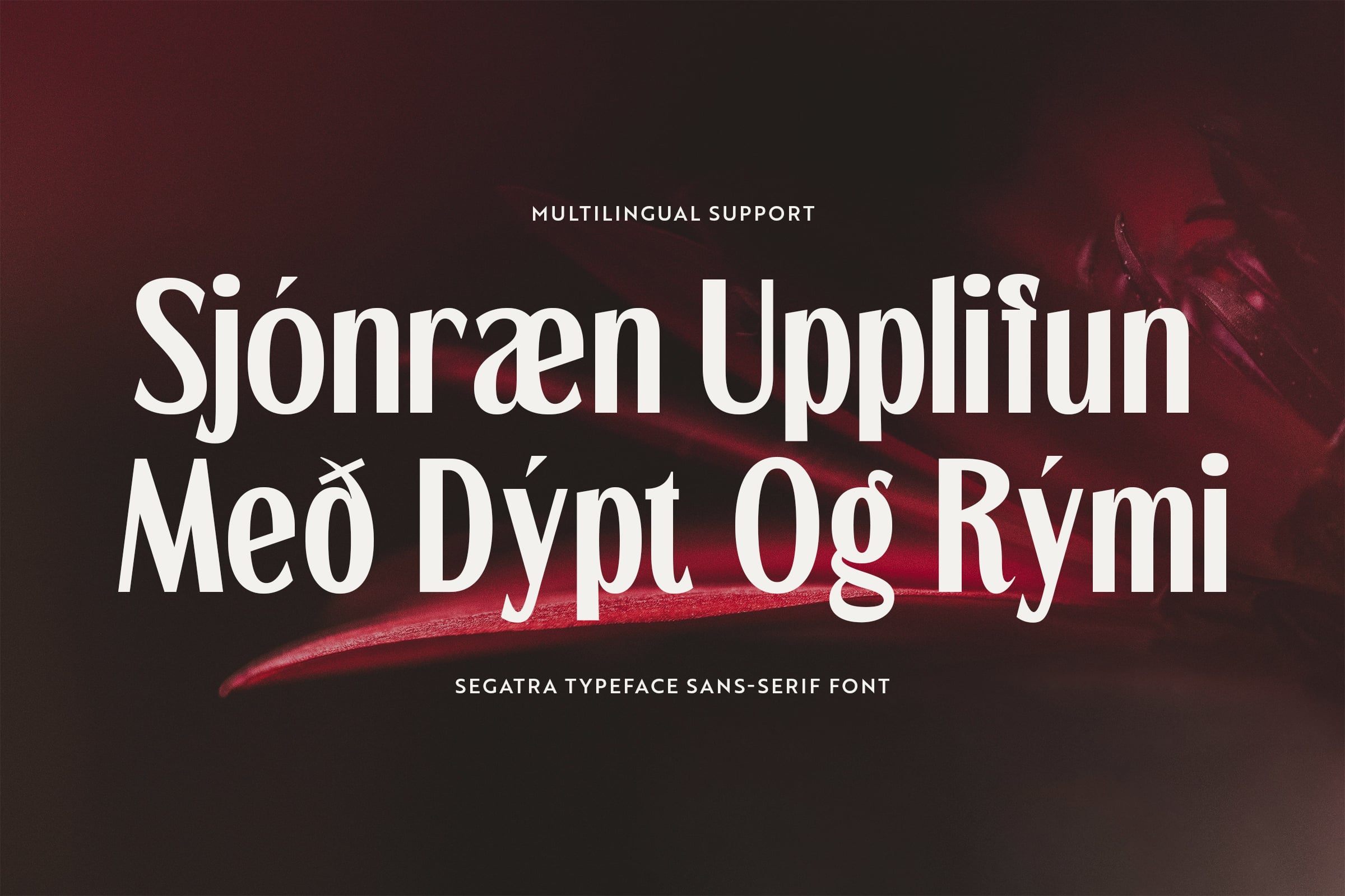 Segatra serif typeface displaying text in multiple languages on dark red background