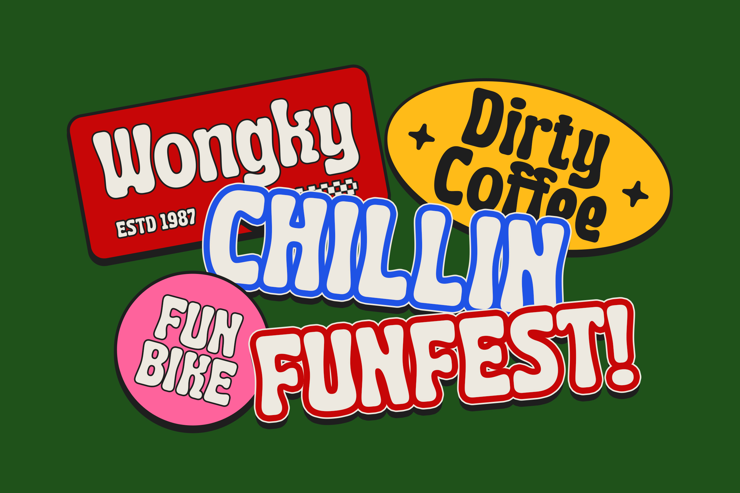 Retro funfest logo with playful typography, stacked colorful badge shapes