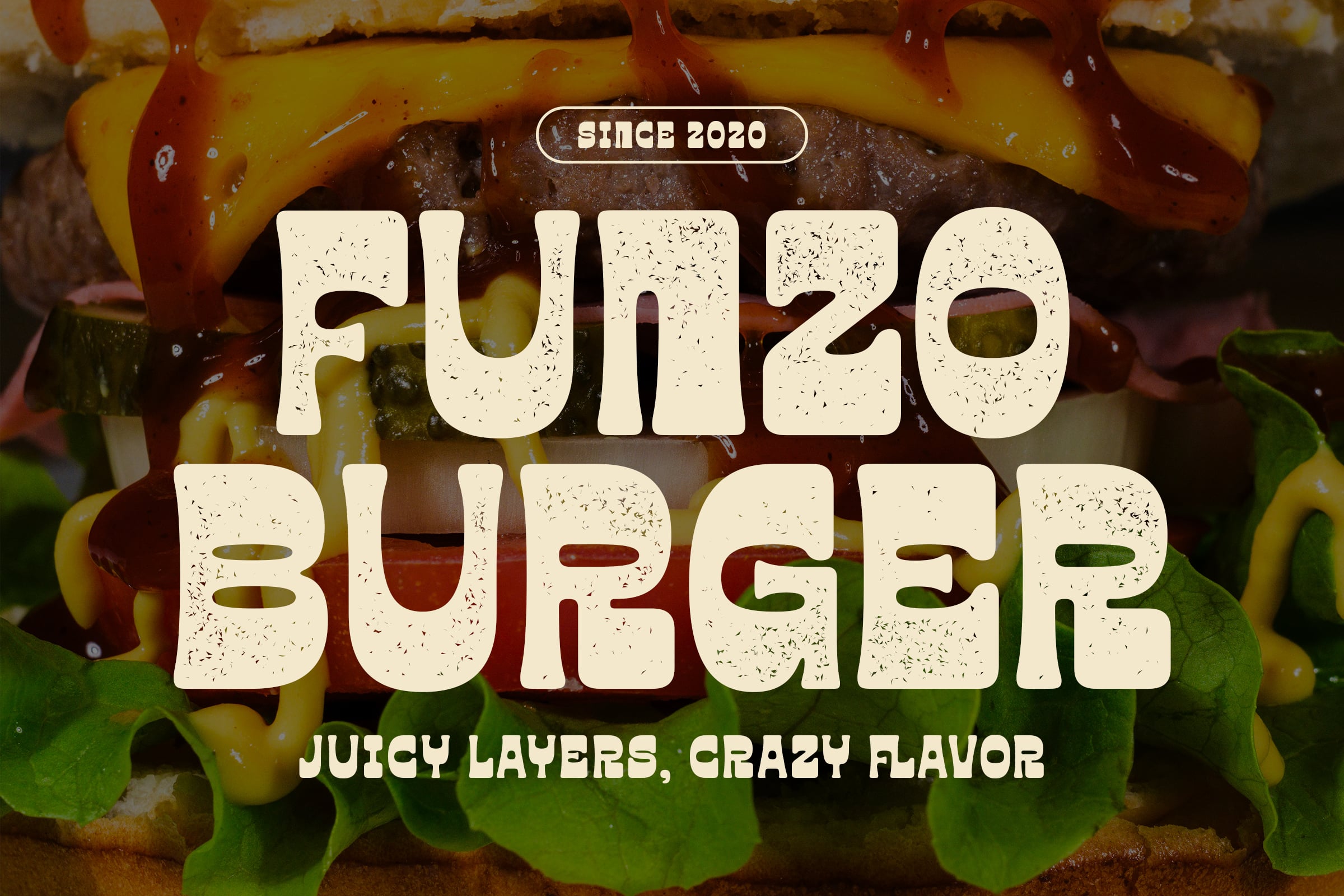 Stacked burger layers with grunge texture font label since 2020, juicy layers crazy flavor