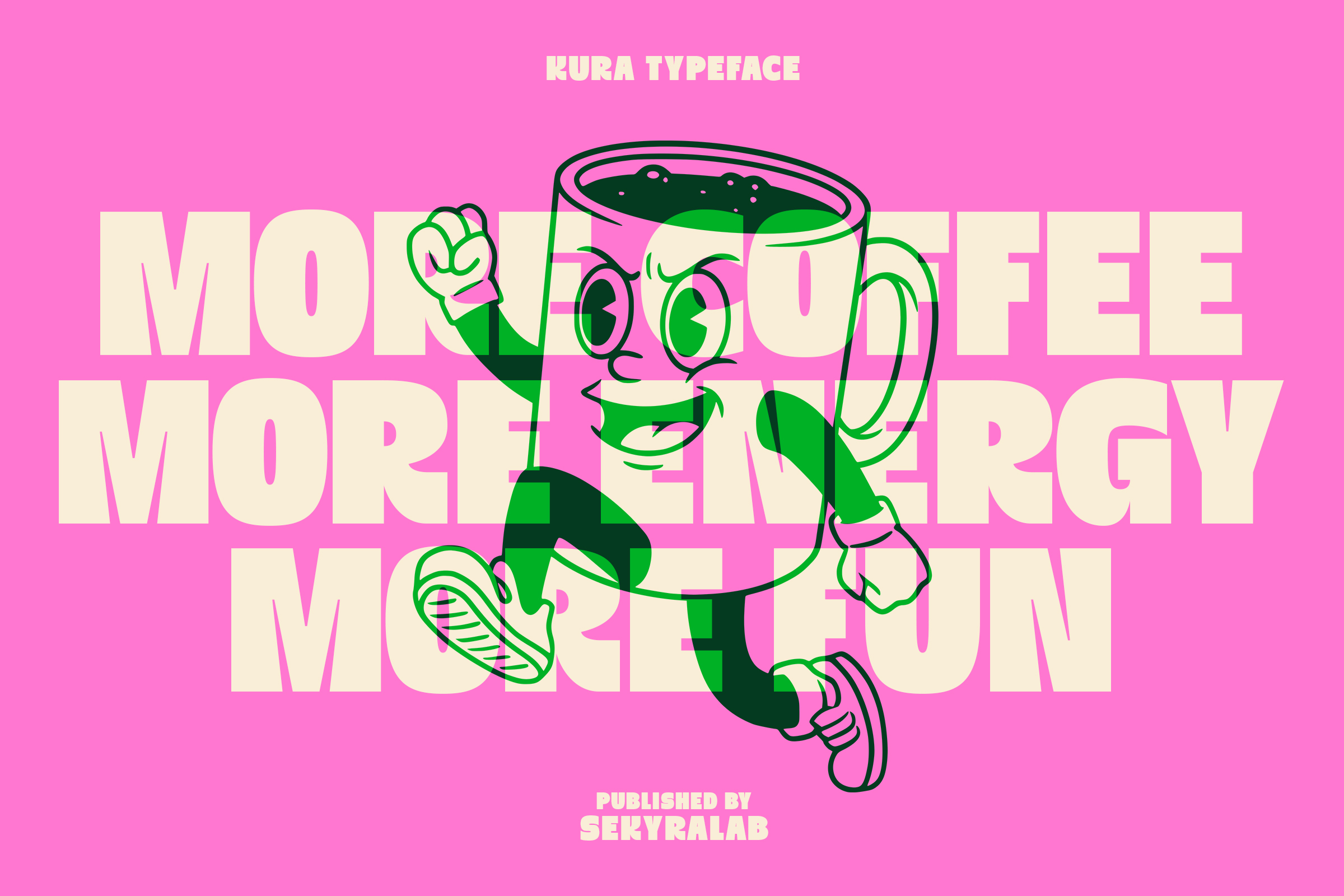 Kura Typeface font sample showing bold display text with cartoon coffee cup character