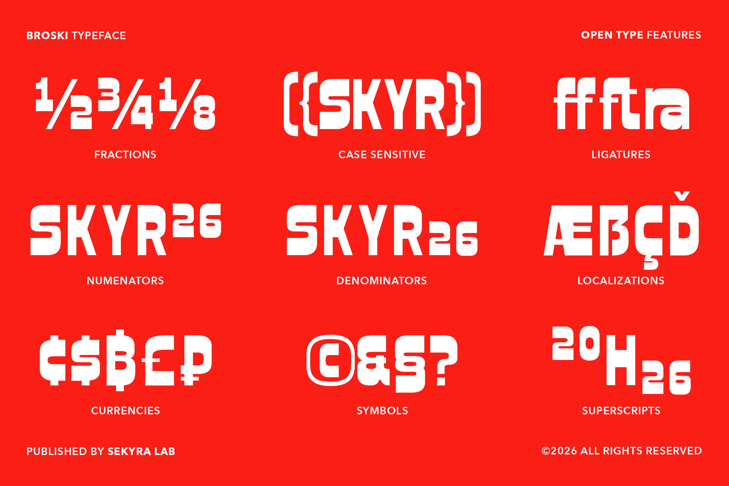 Broski typeface specimen sheet showing fractions ligatures currencies symbols localizations