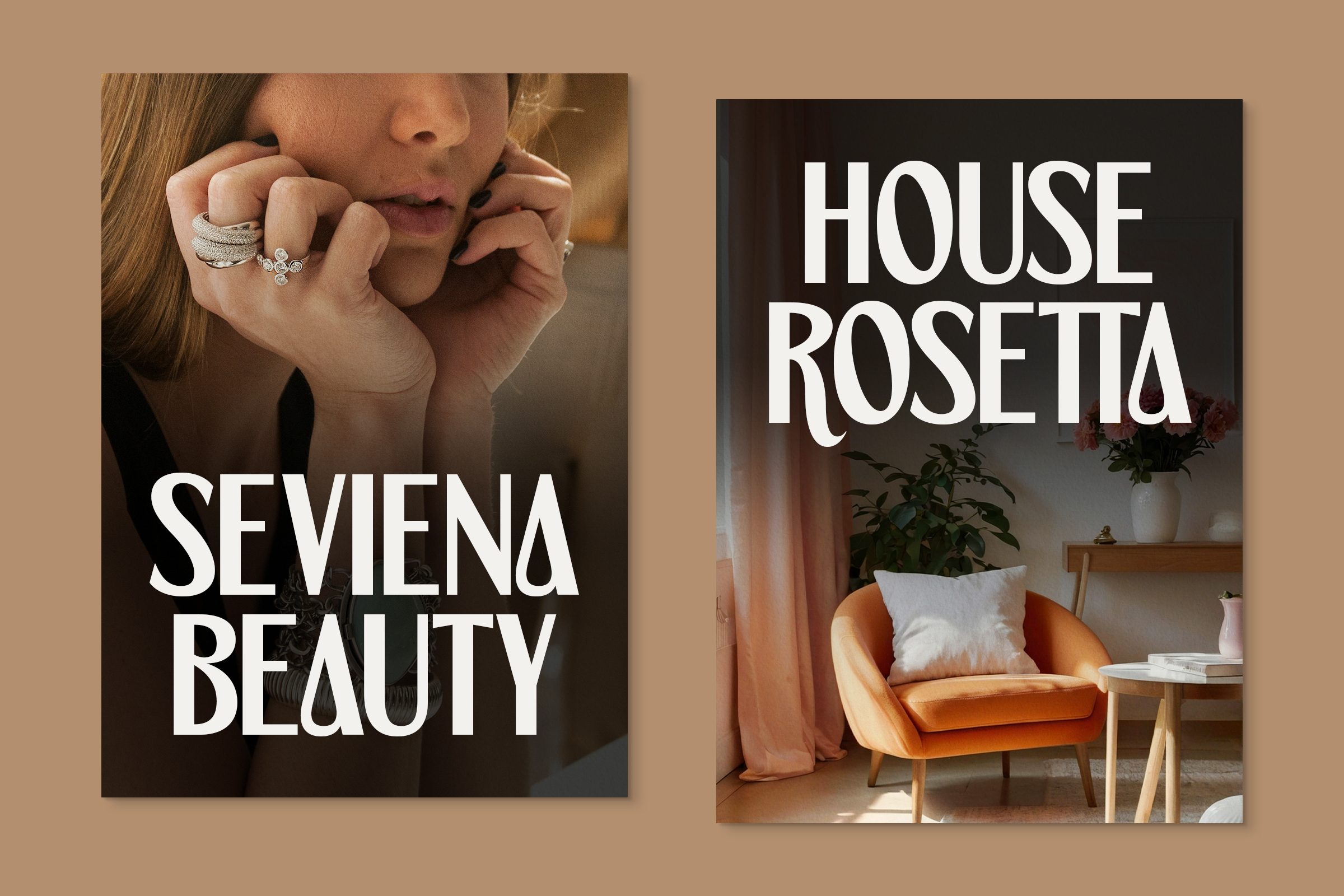 Poster layouts showing jewelry rings beauty typography overlaid photos