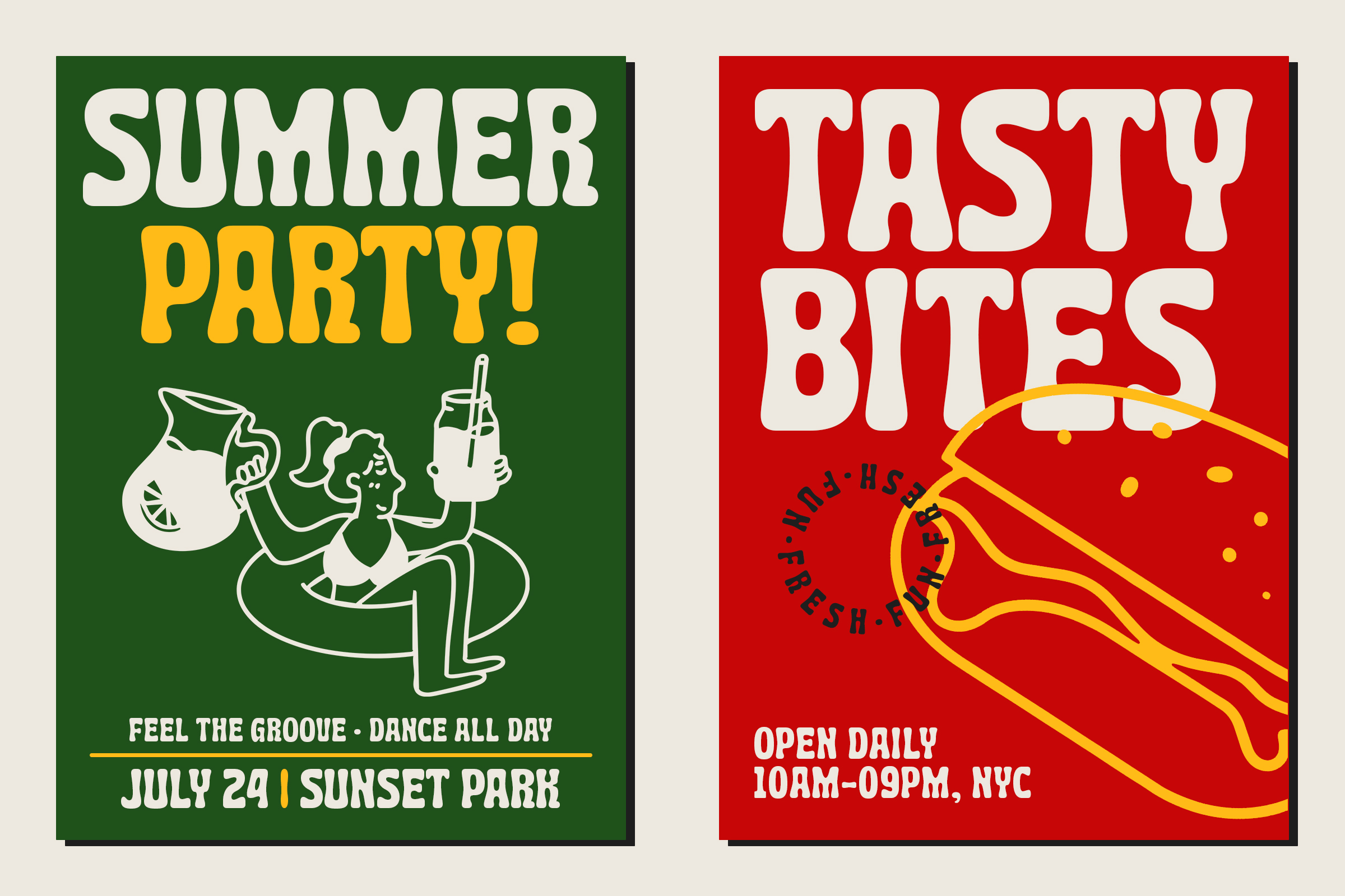 Two vibrant event posters for summer party on green plus tasty bites on red