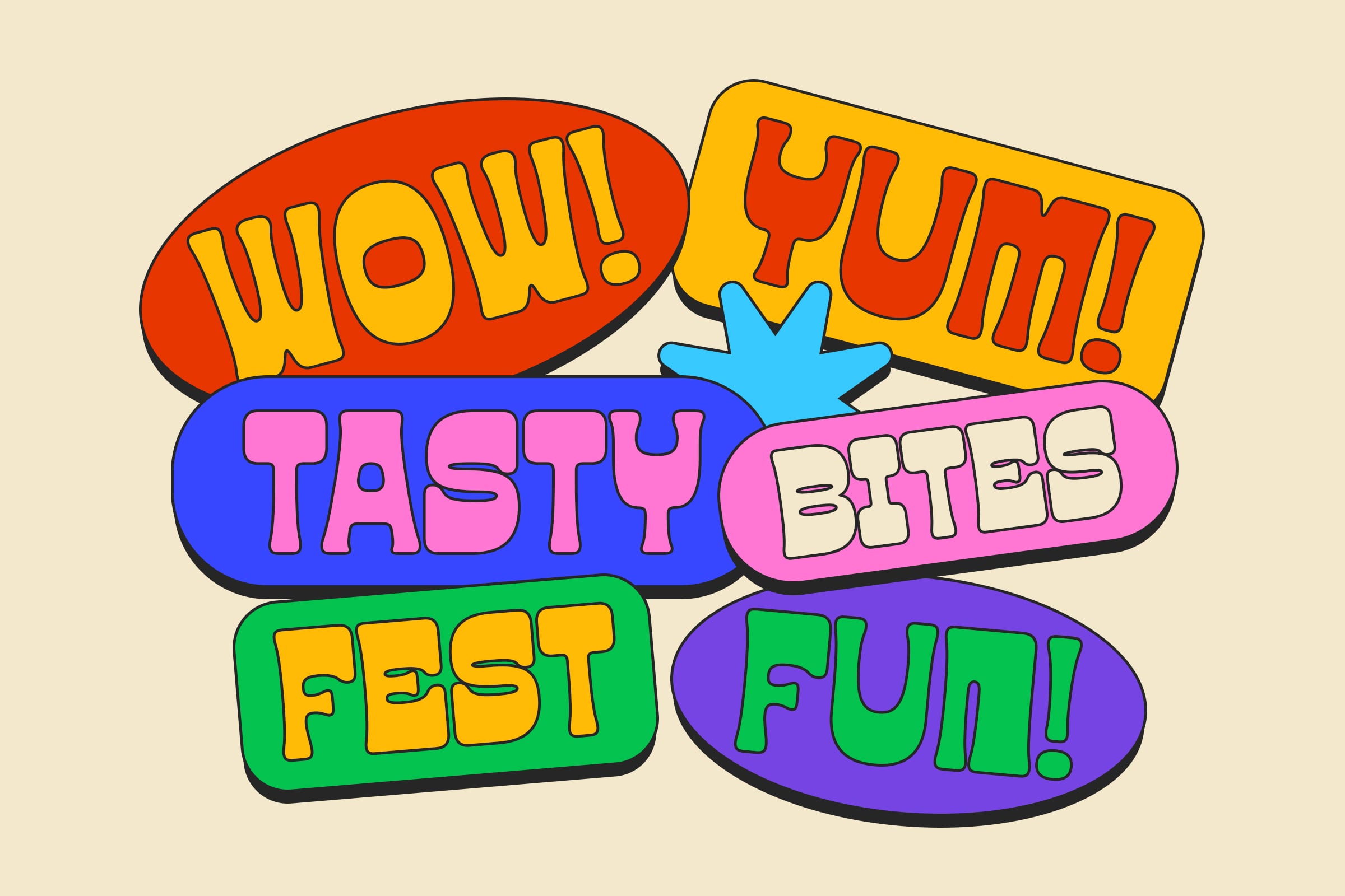 Colorful burst of speech bubbles saying wow, yum, tasty bites, fest, fun in retro style