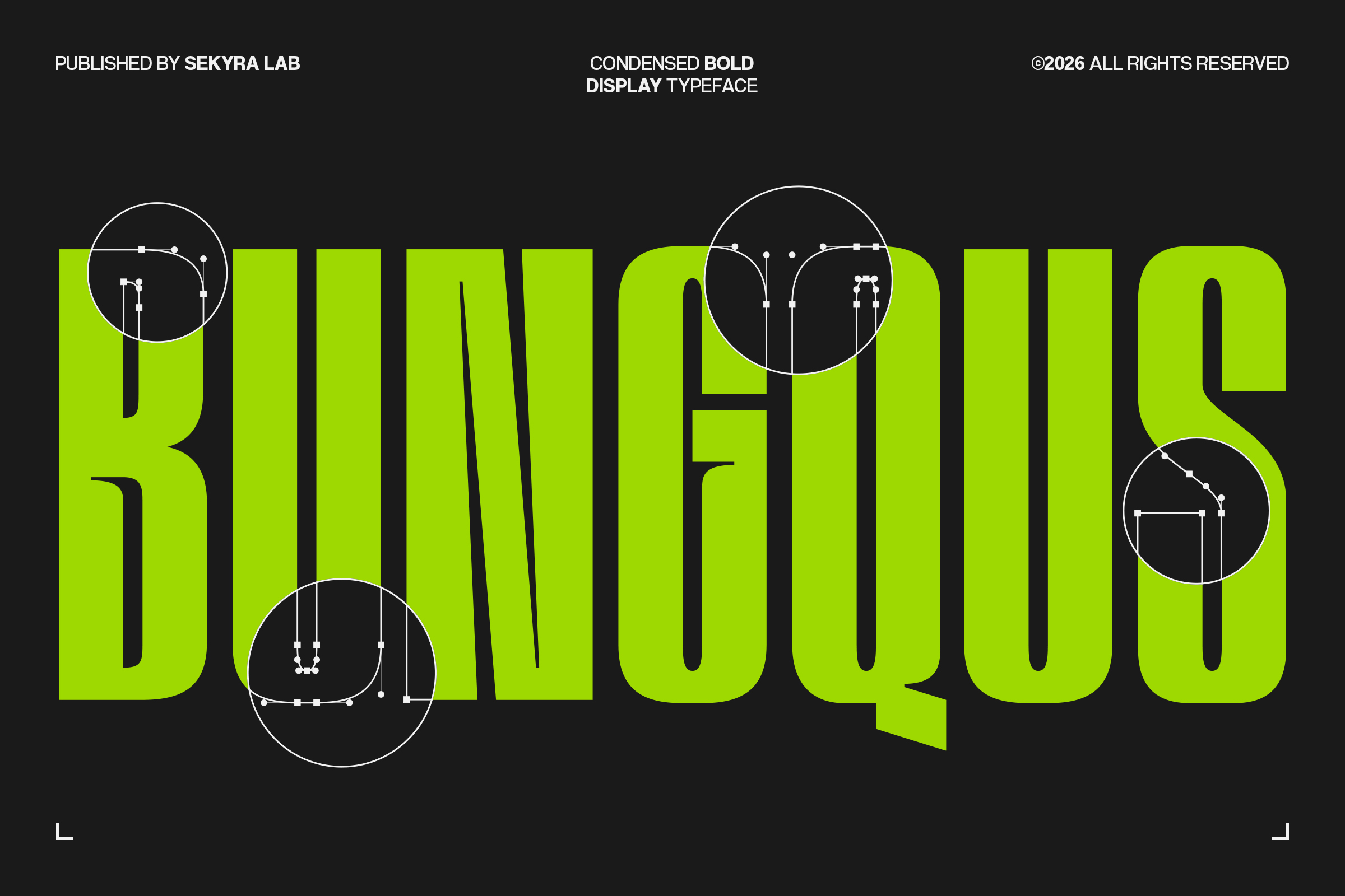 Large lime green Bungous typeface word with circular construction guides on black background