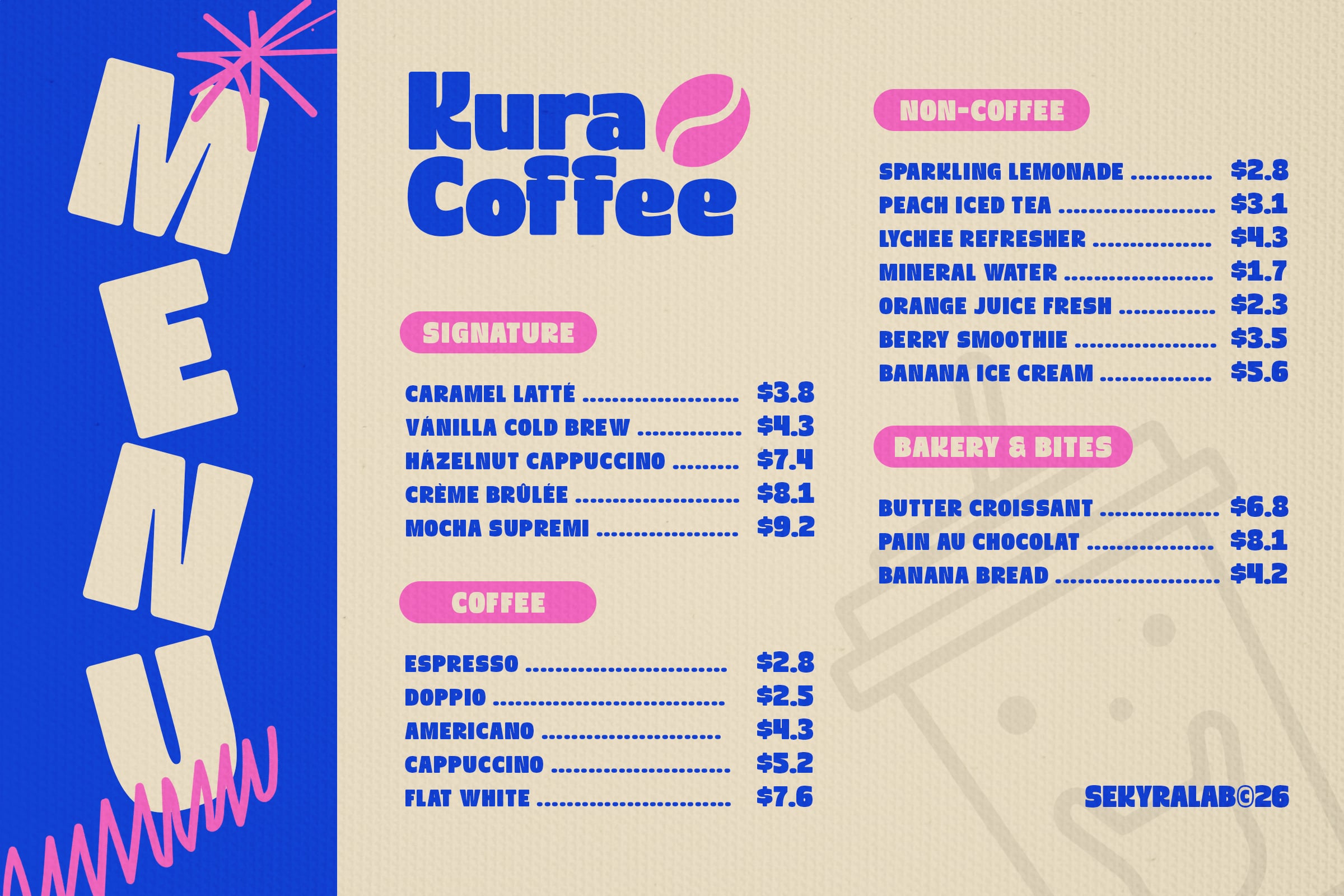 Kura Coffee menu with pricing for signature drinks, non-coffee beverages, bakery items