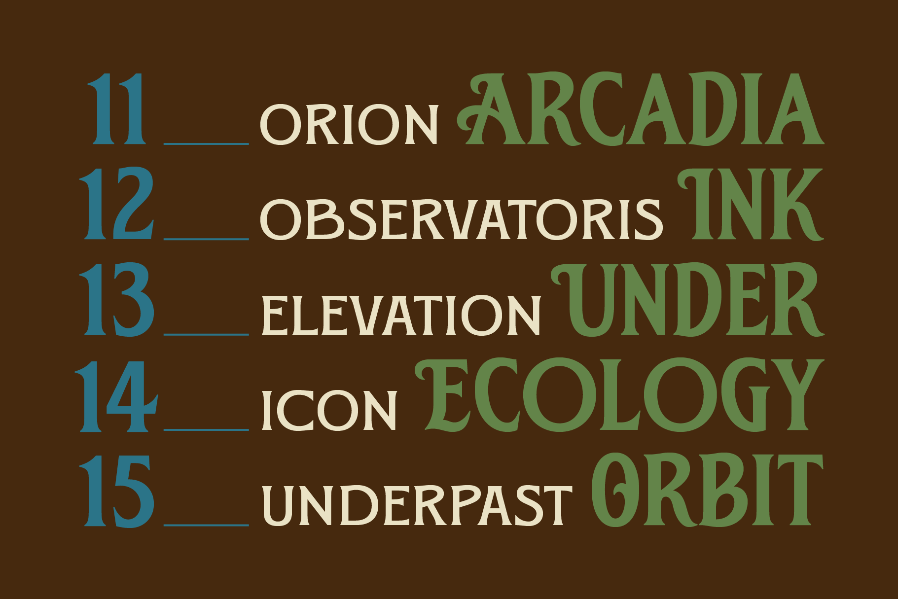 Numbered list showing font alternates in Orion Arcadia with blue, cream, green text