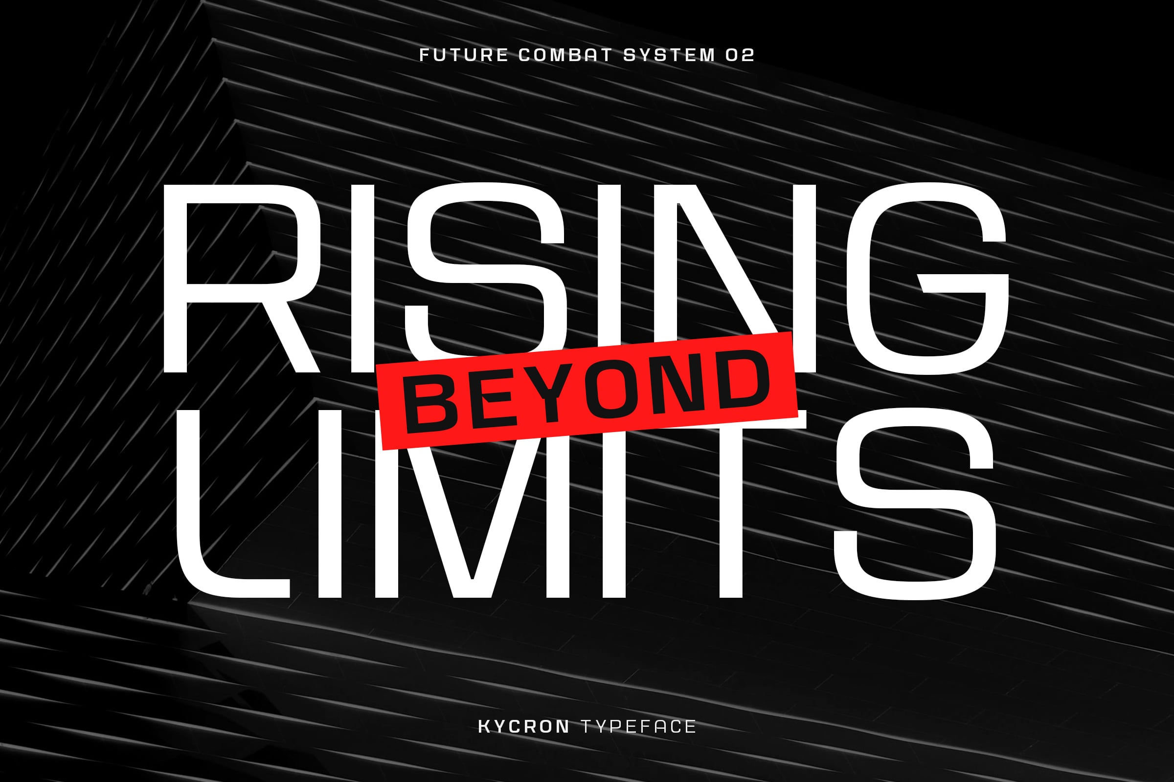 Bold sans-serif typeface displaying Rising Beyond Limits with diagonal lines graphic