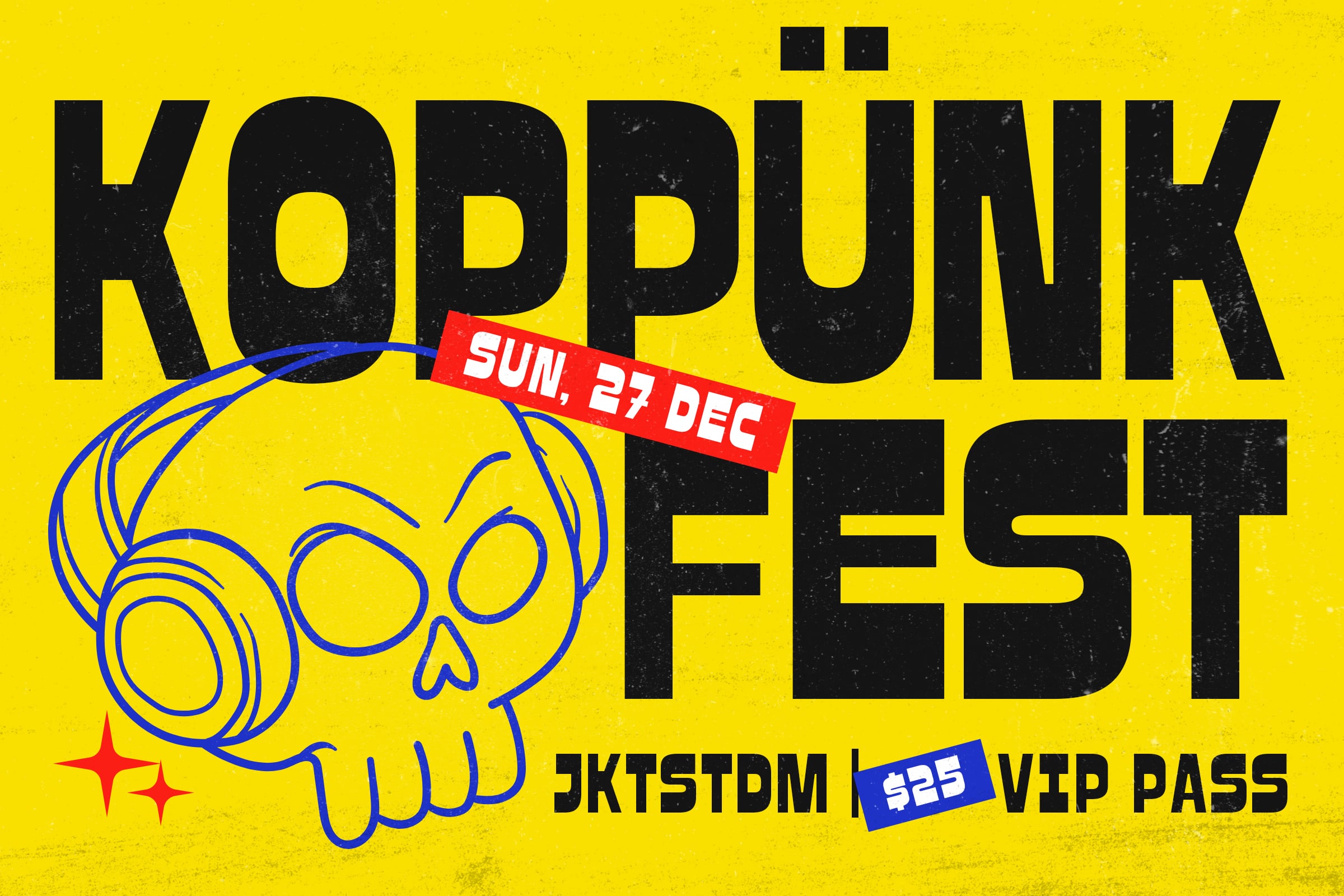 Yellow poster for KOPPUNK FEST event with skull illustration blue outline
