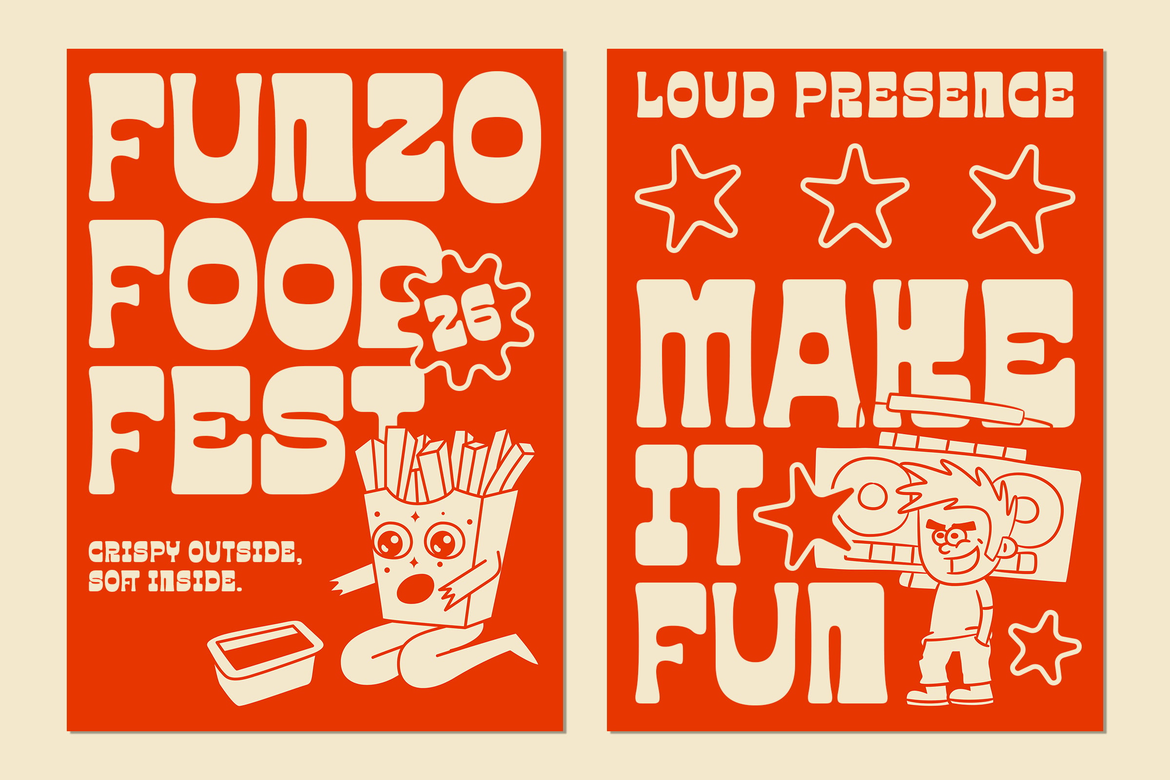 Two red posters with cream text featuring retro diner food illustrations