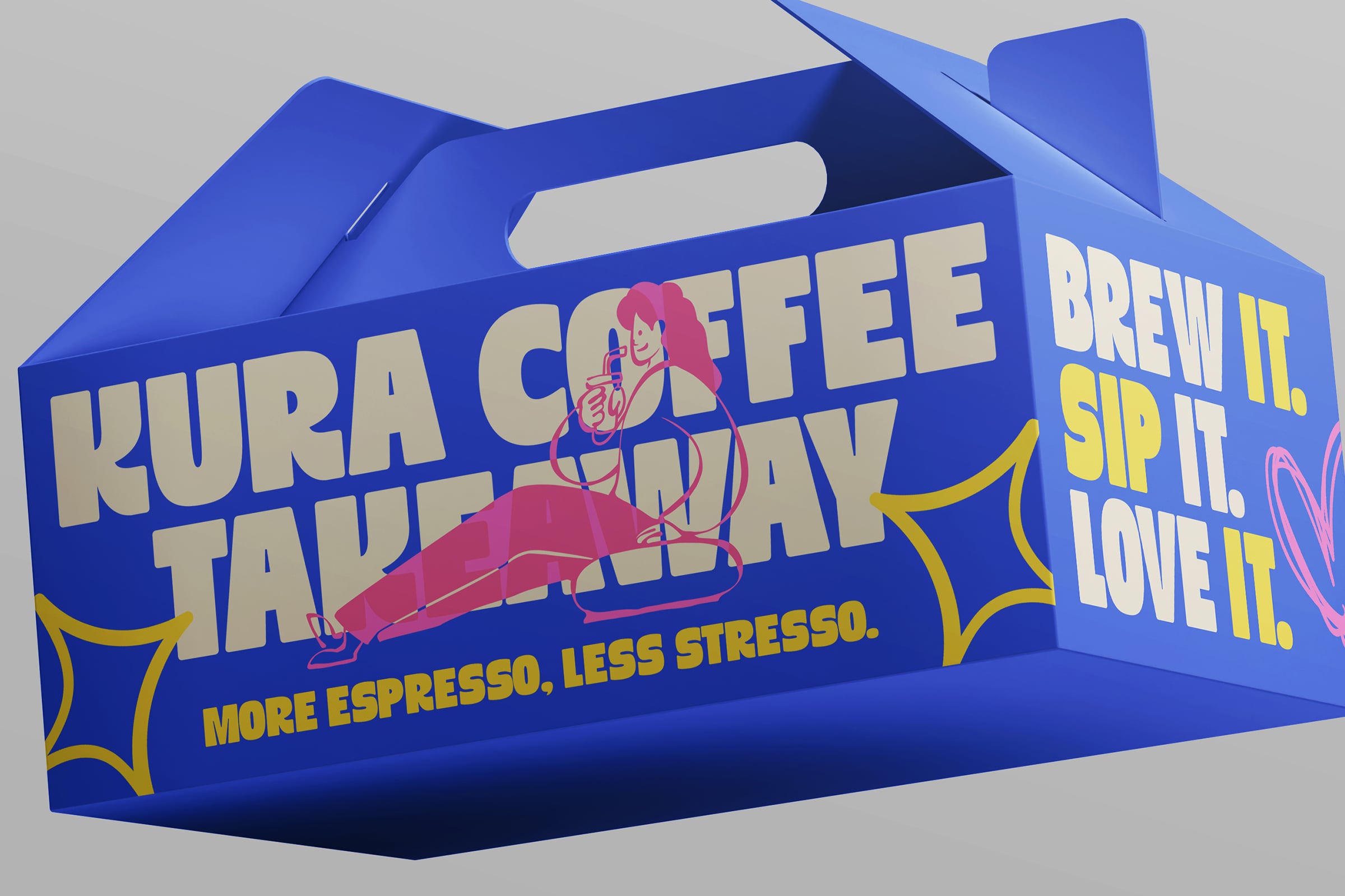 Blue takeout coffee box with illustrated woman holding cup drinking espresso