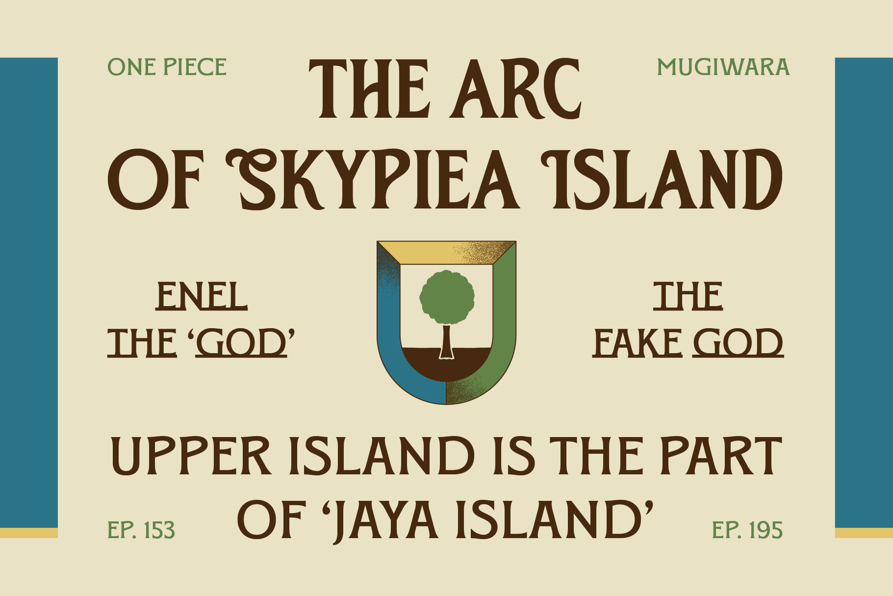 Vintage book cover about Skypiea Island with heraldic shield emblem
