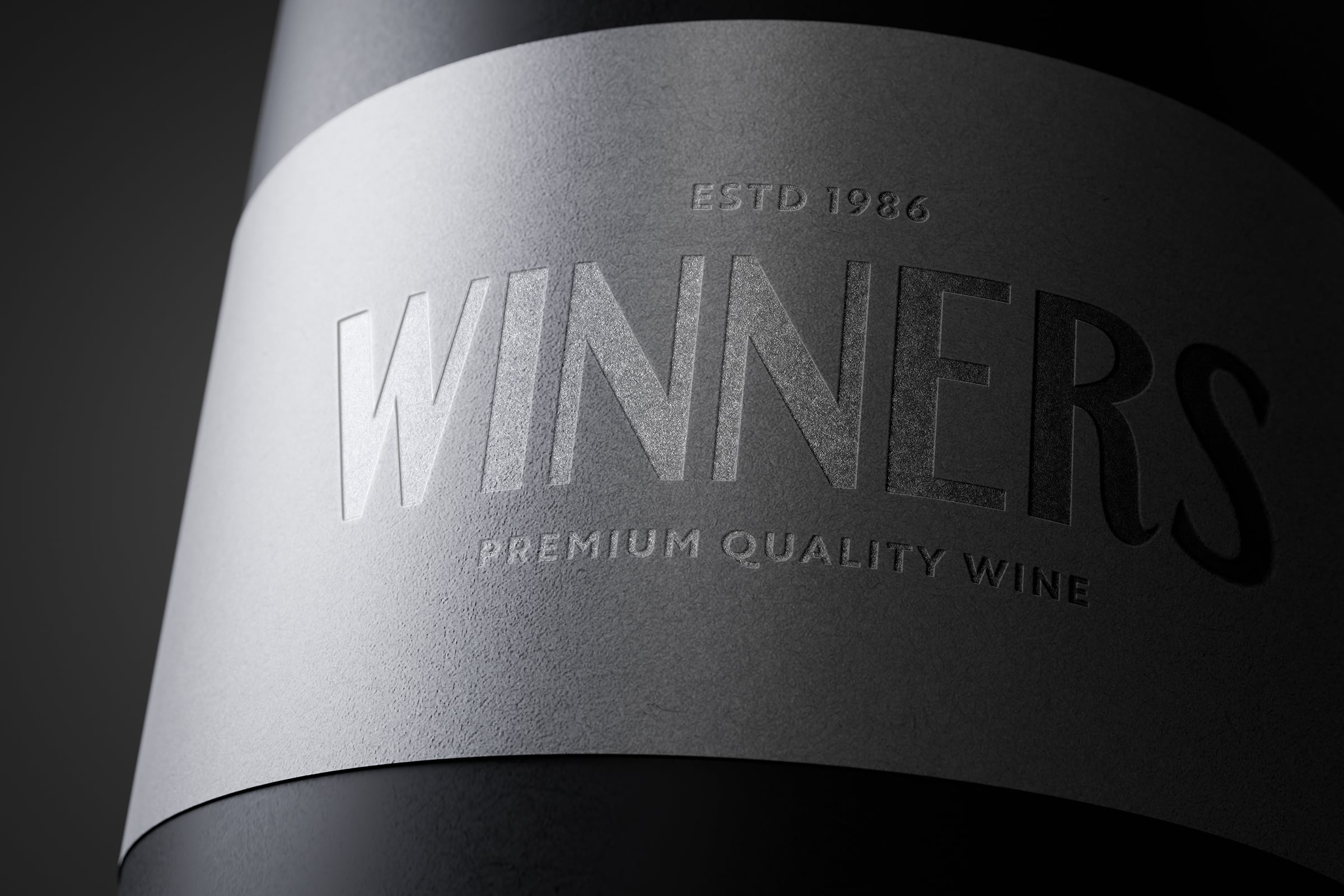 Wine bottle label embossed with premium quality branding in serif