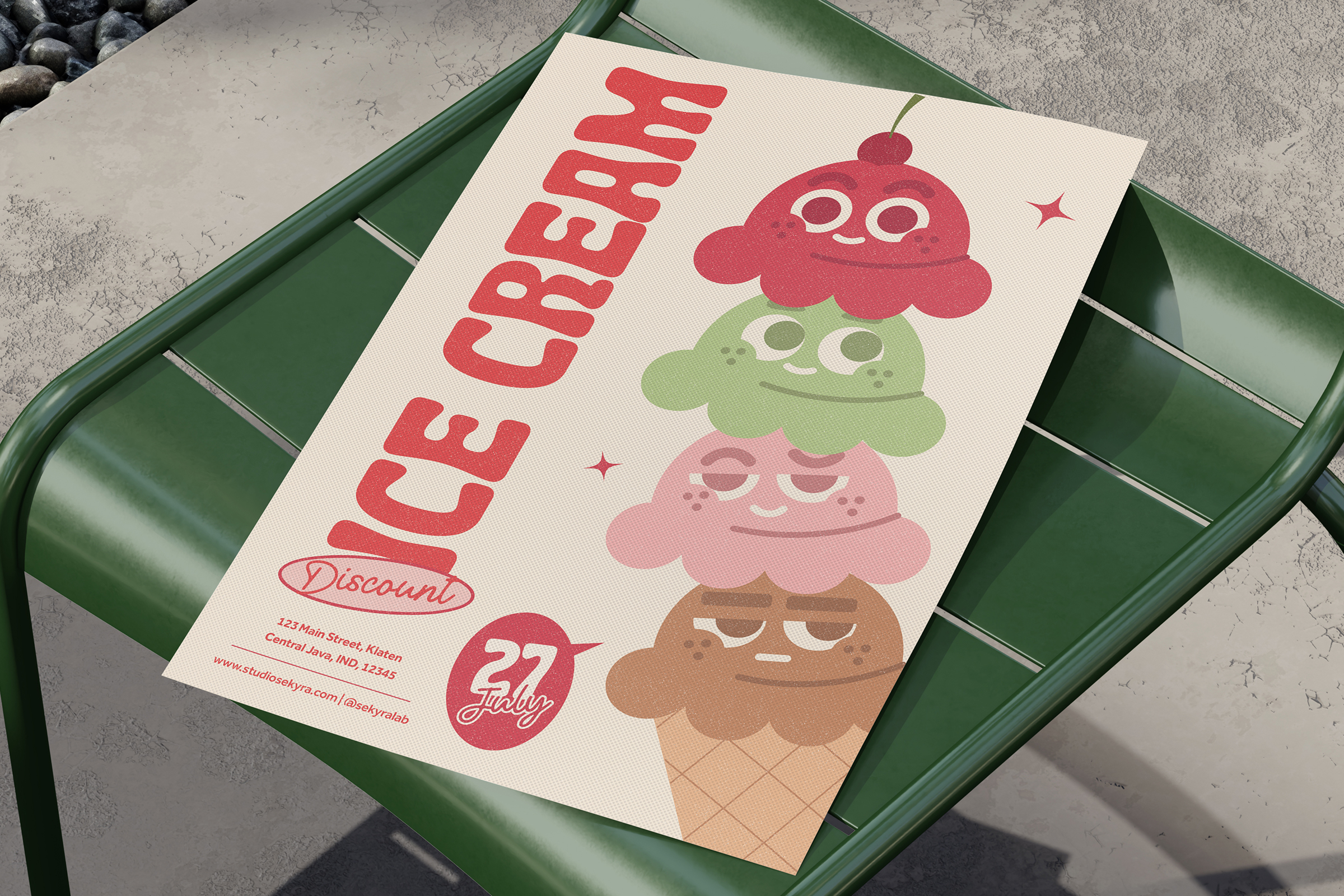 Ice cream shop poster featuring colorful cartoon scoops with playful faces