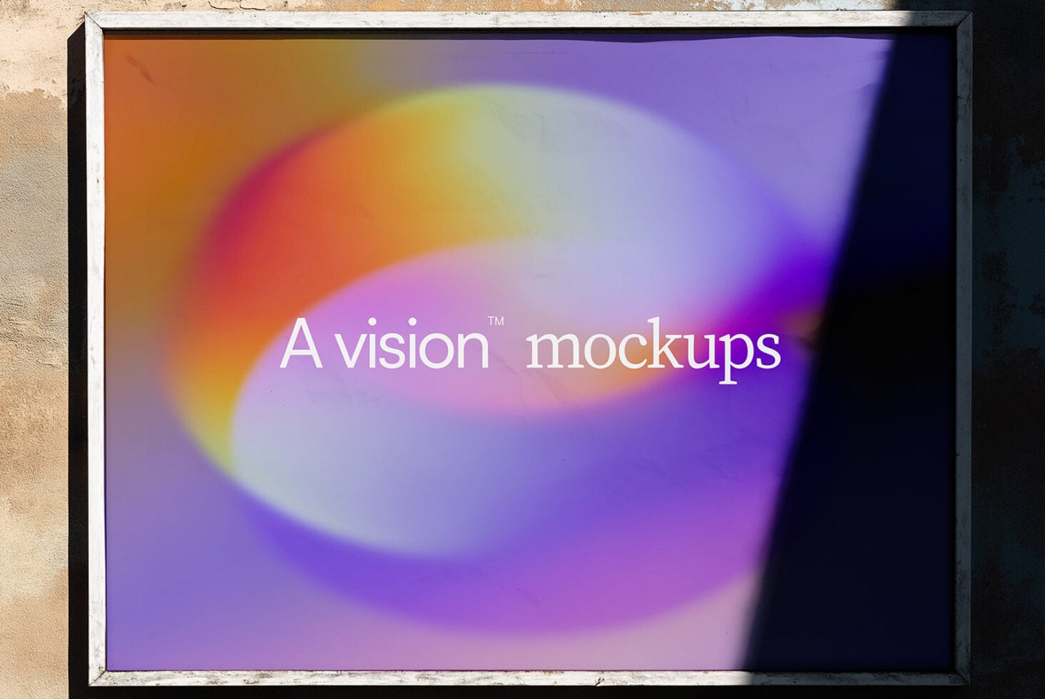 Window frame mockup showing vibrant gradient background with branding text