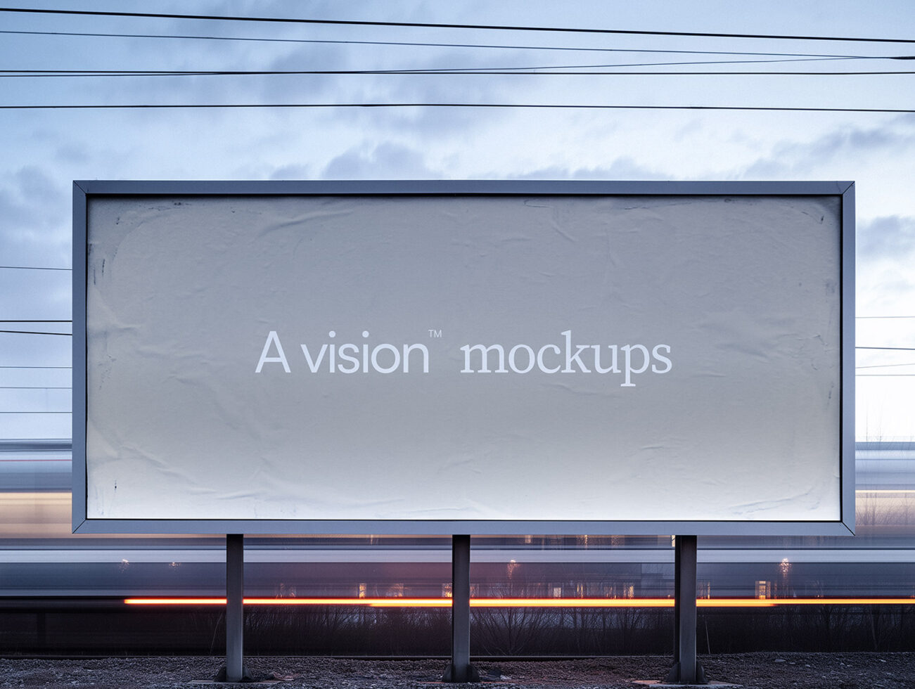 Outdoor billboard with cloudy sky backdrop showing white serif typography