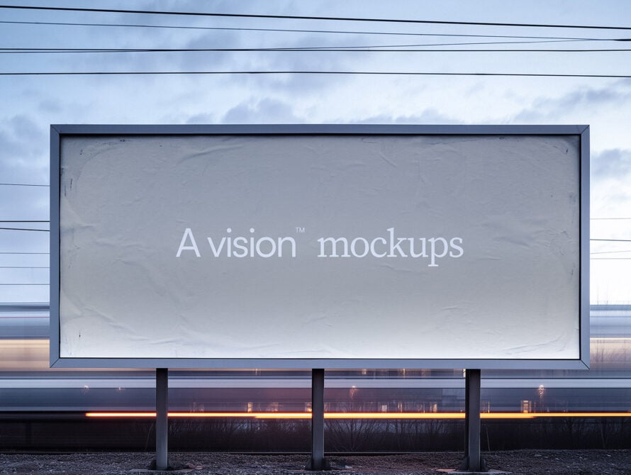 Outdoor billboard with cloudy sky backdrop showing white serif typography