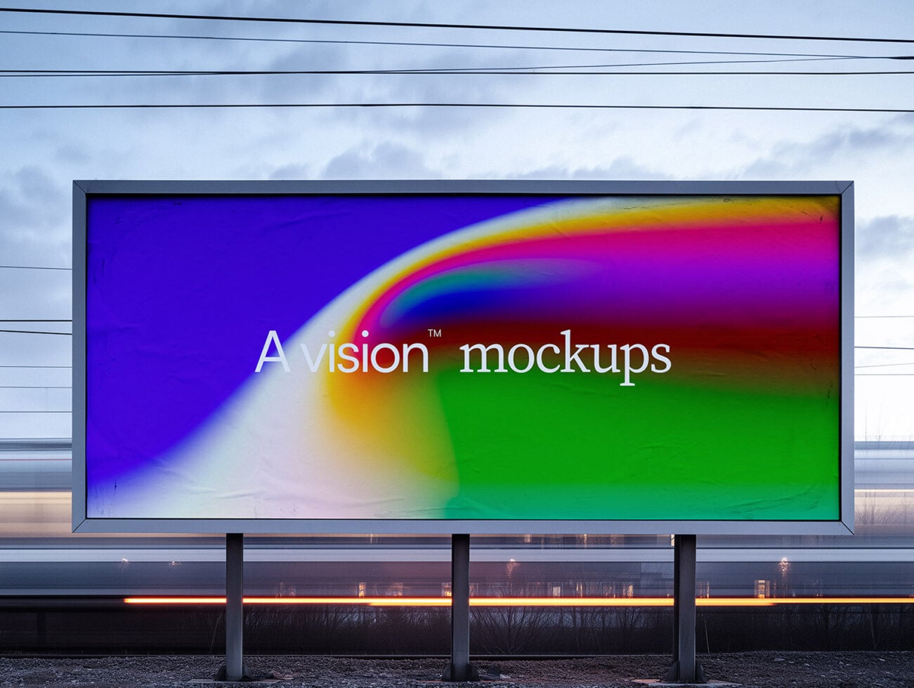 Horizontal billboard with vibrant rainbow gradient displaying white serif text