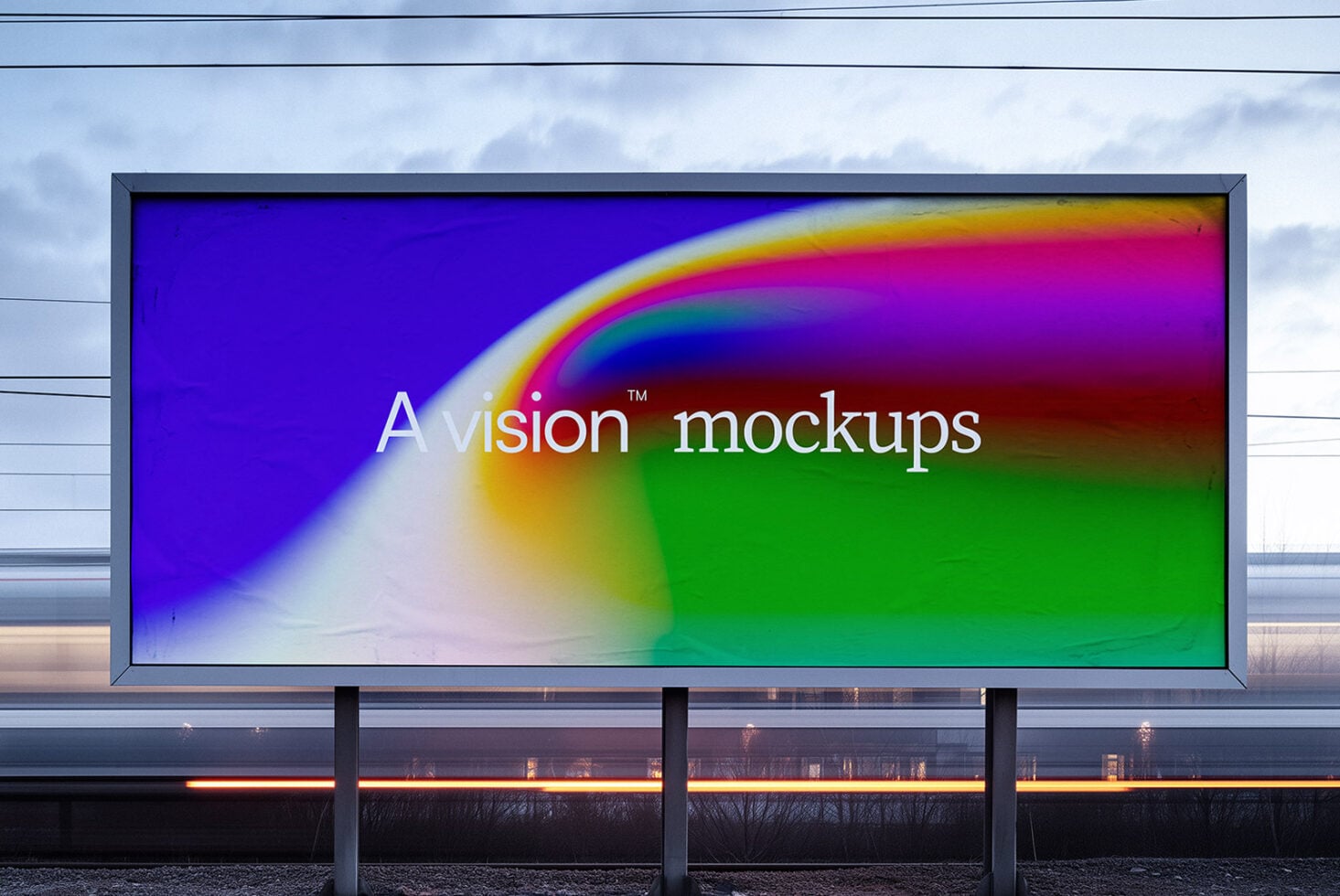 Large horizontal billboard featuring colorful rainbow gradient with serif text overlay