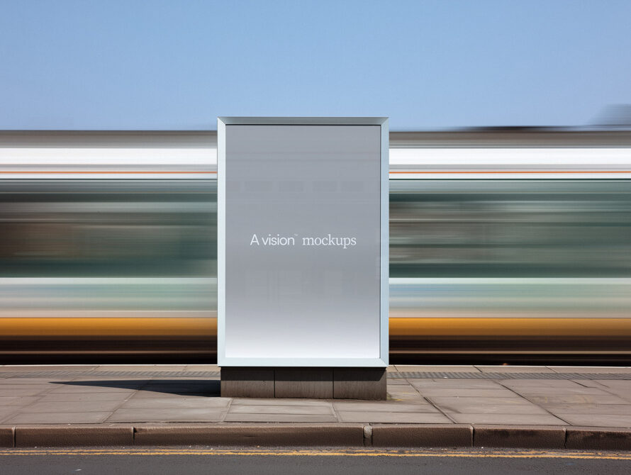 Bus shelter billboard mockup with blank gray surface in urban setting
