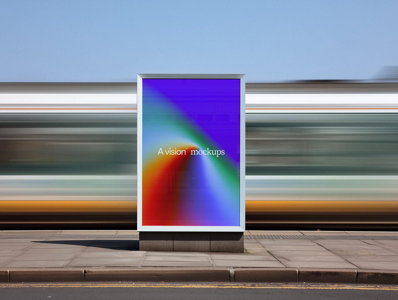 Colorful gradient billboard mockup on urban street with sky