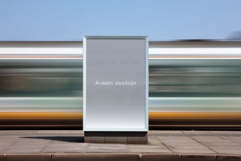 Bus shelter billboard mockup with empty gray display surface outdoors