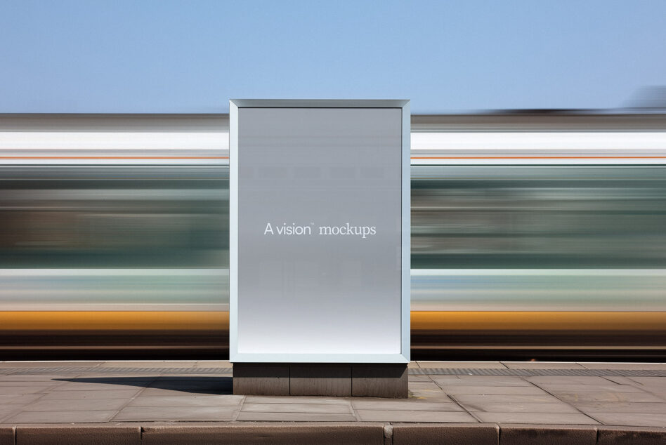 Bus shelter billboard mockup with empty gray display surface outdoors