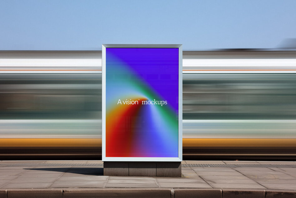 Bus shelter billboard mockup with vibrant gradient display from red to purple