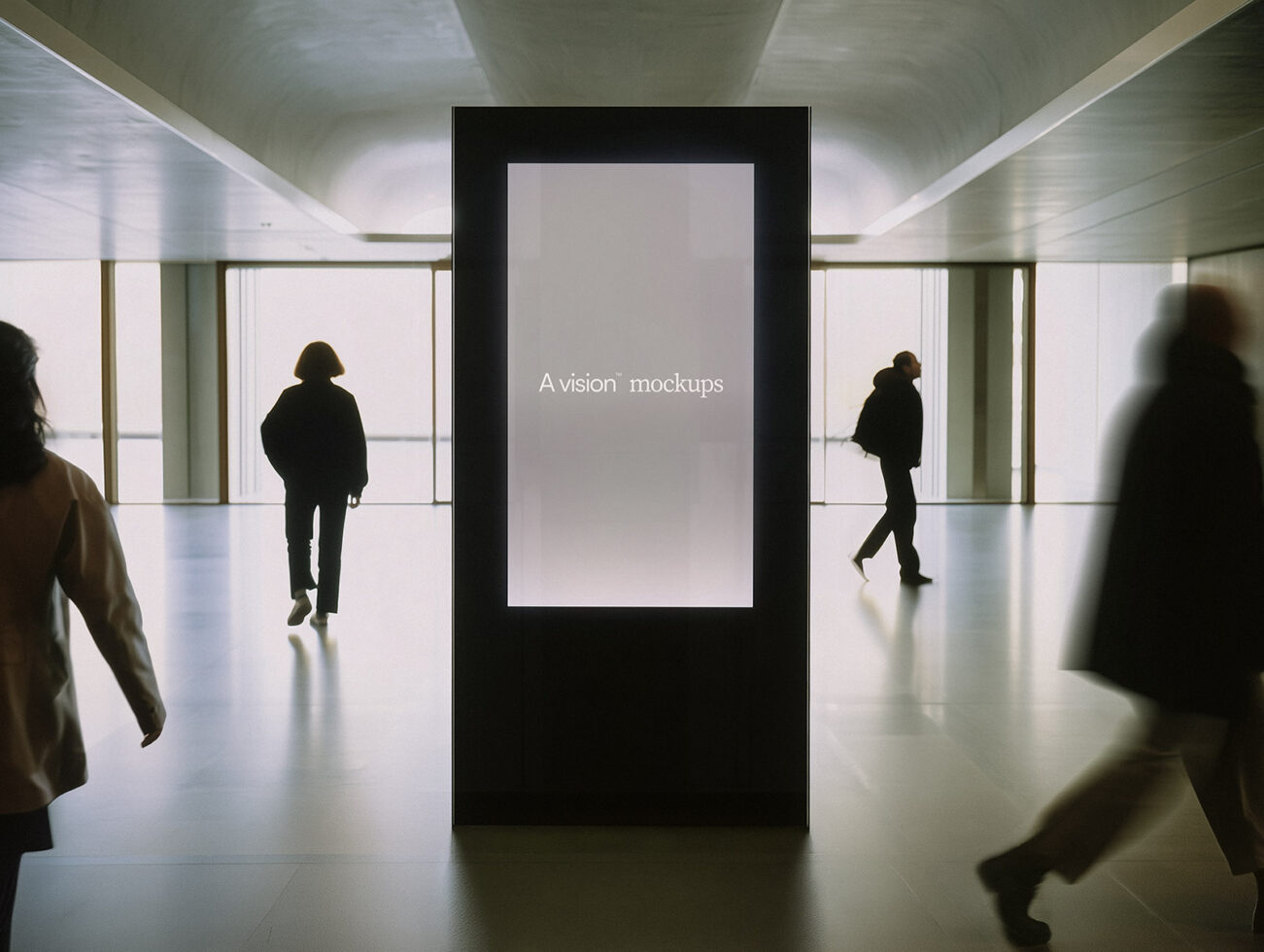 Empty digital kiosk screen in sleek airport corridor with walking people